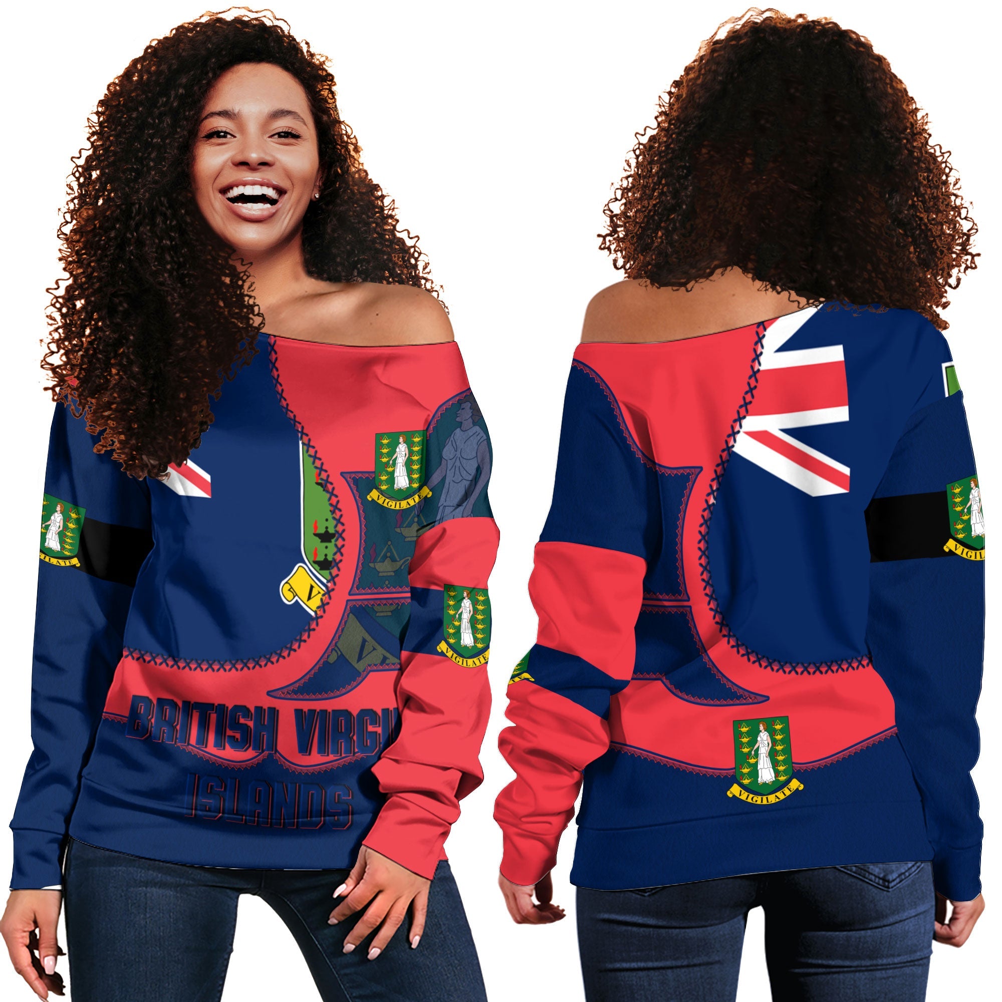 British Virgin Islands Women Off Shoulder Sweatshirt Flag & Coat Of Arms Leather Style