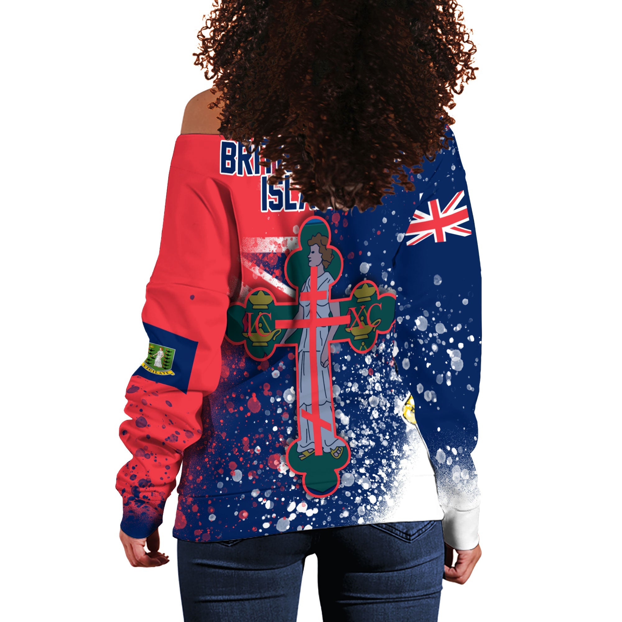 British Virgin Islands Women Off Shoulder Sweatshirt Flag & Coat Of Arms Orthodox Style