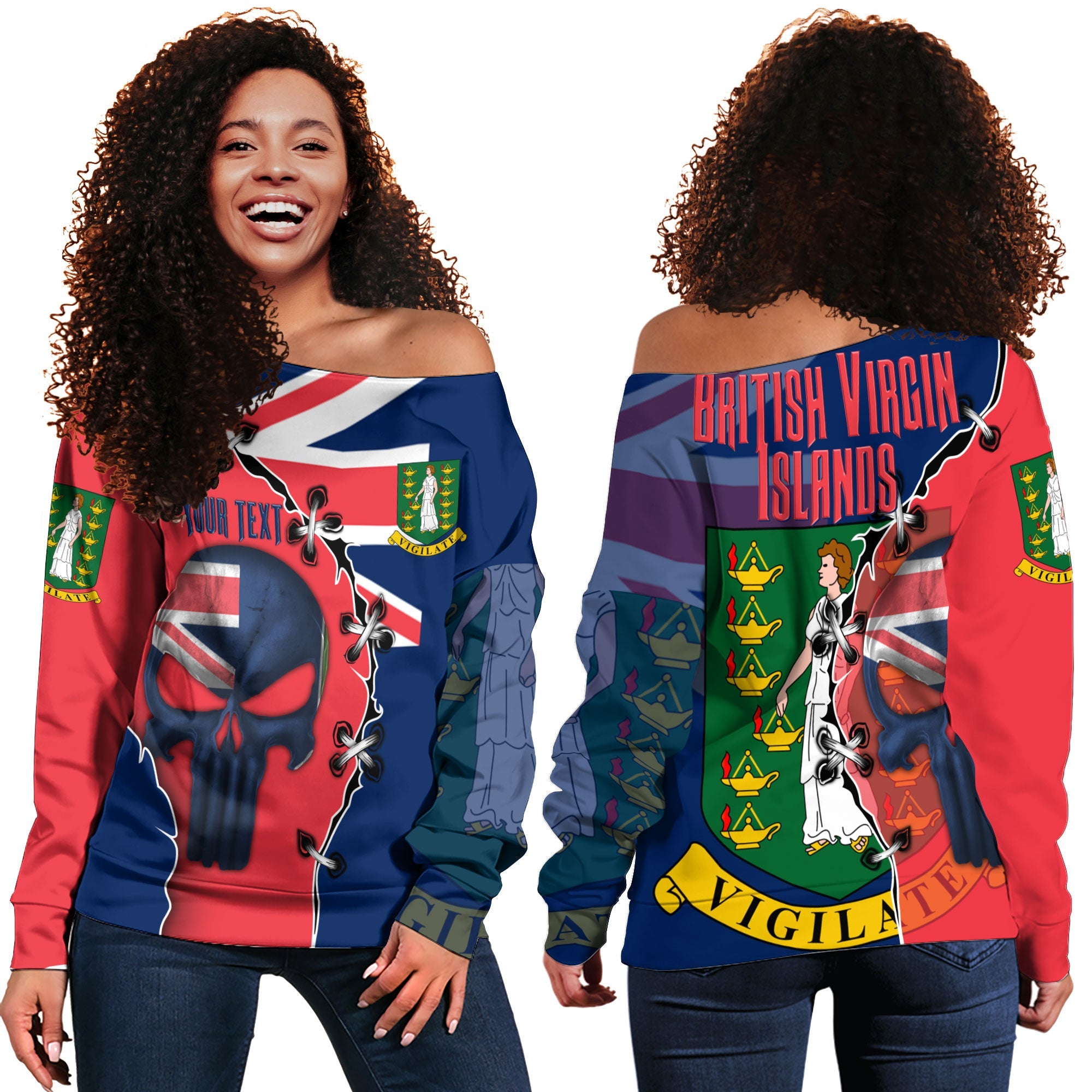 British Virgin Islands Women Off Shoulder Sweatshirt Flag & Coat Of Arms Skull Style