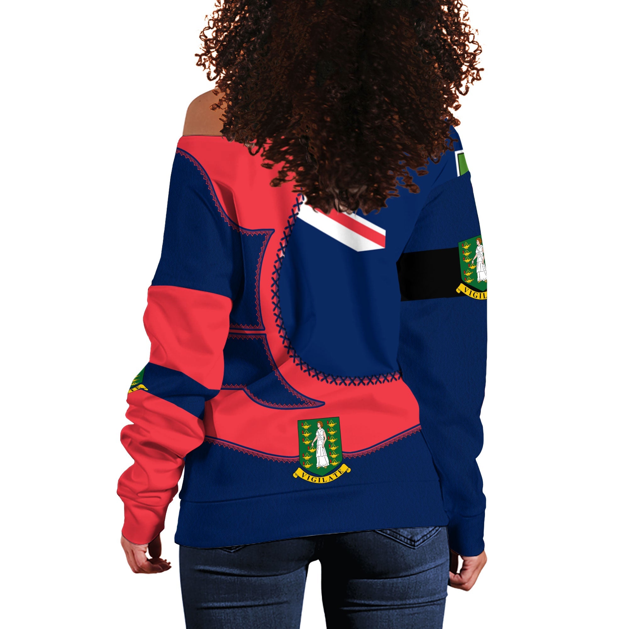 British Virgin Islands Women Off Shoulder Sweatshirt Flag & Coat Of Arms Leather Style