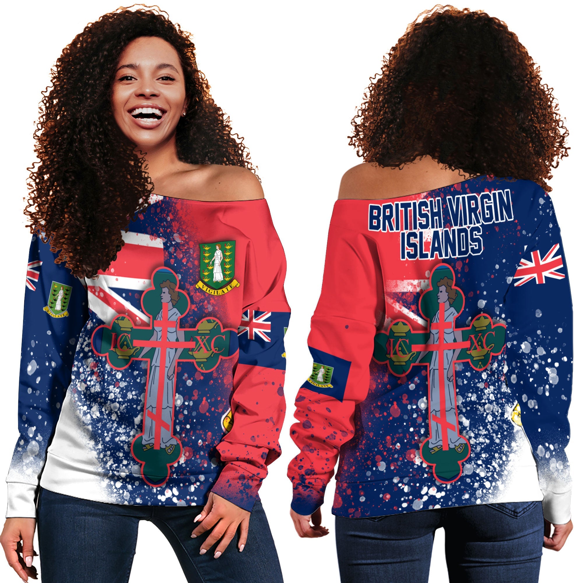 British Virgin Islands Women Off Shoulder Sweatshirt Flag & Coat Of Arms Orthodox Style