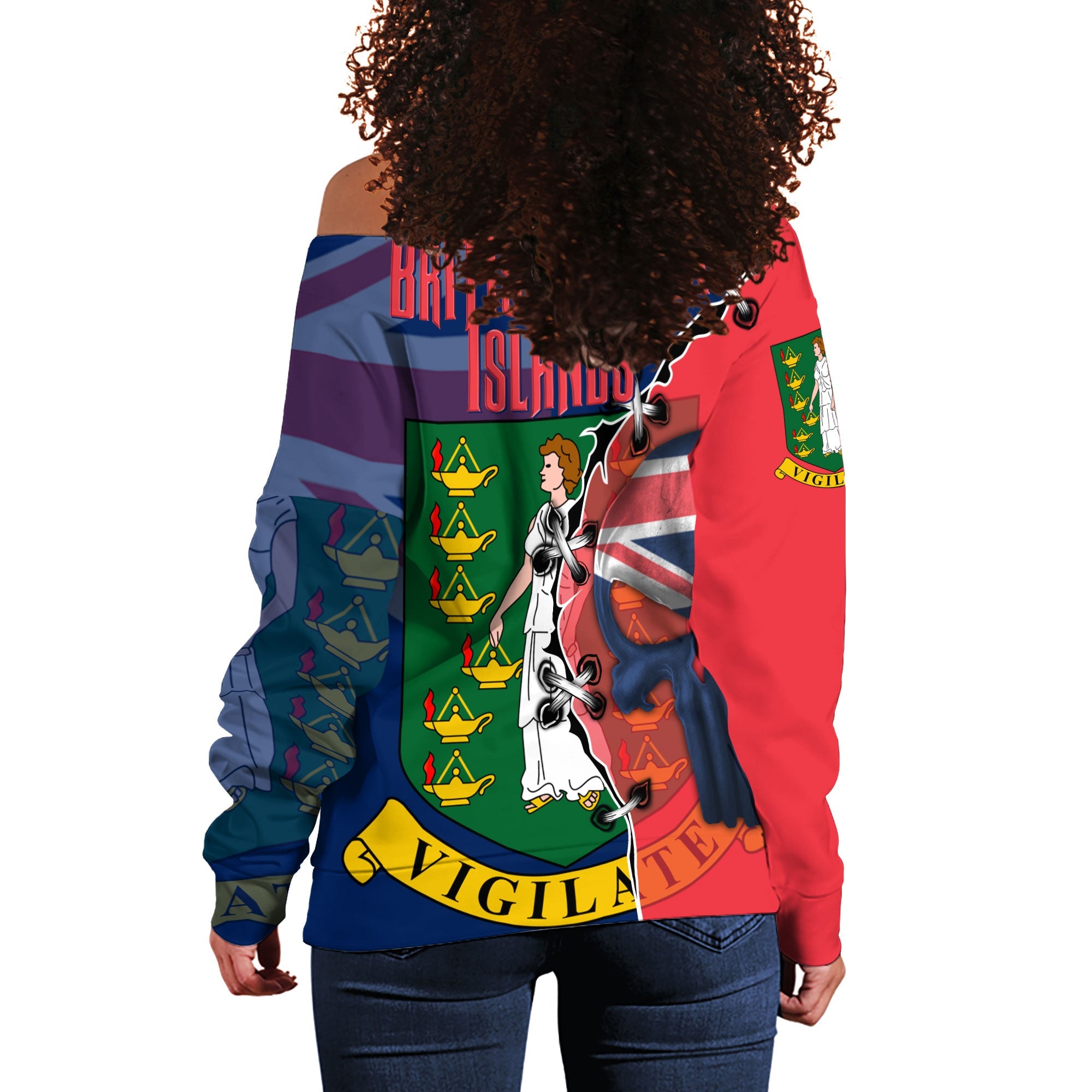 British Virgin Islands Women Off Shoulder Sweatshirt Flag & Coat Of Arms Skull Style