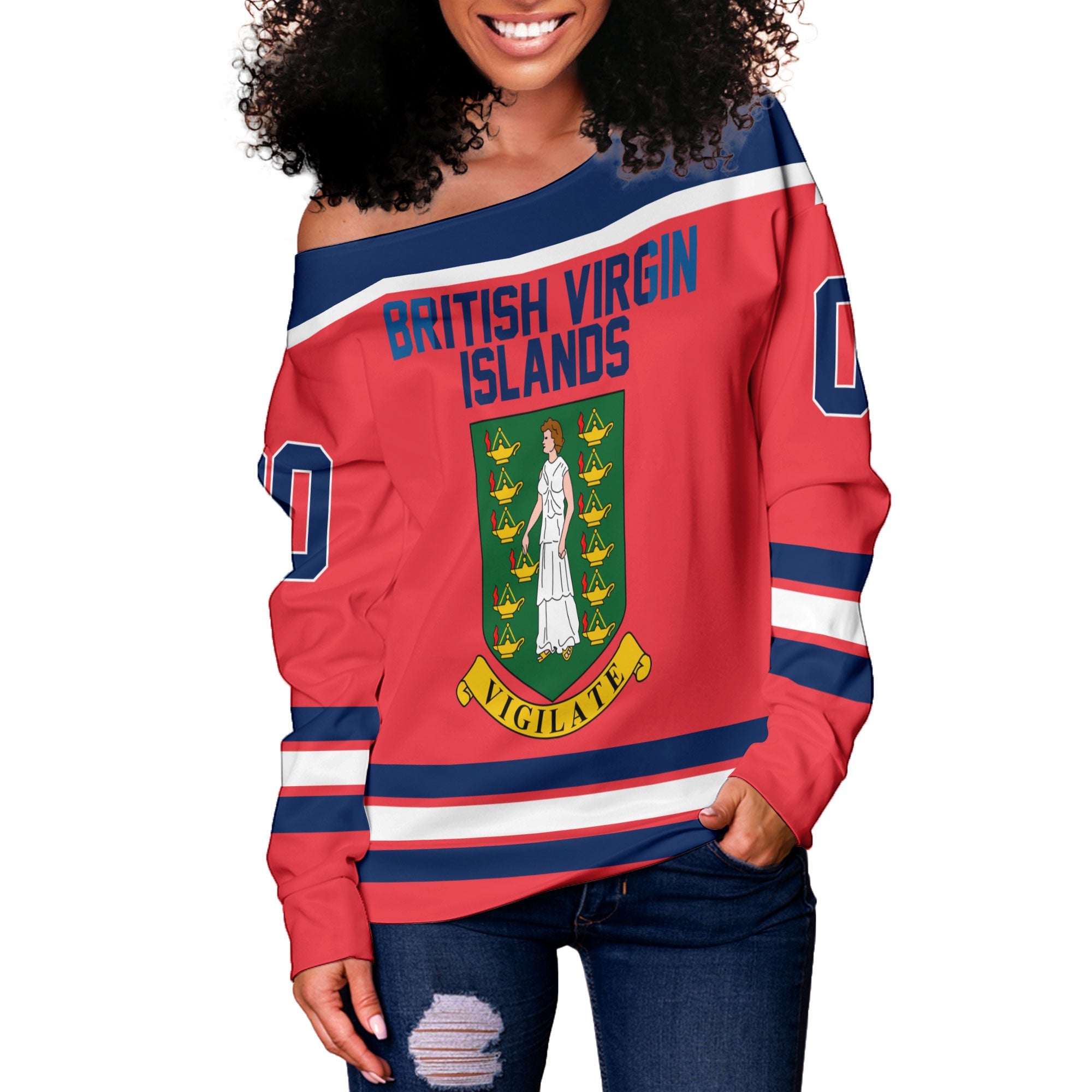 British Virgin Islands Women Off Shoulder Sweatshirt Flag & Coat Of Arms Hockey Style