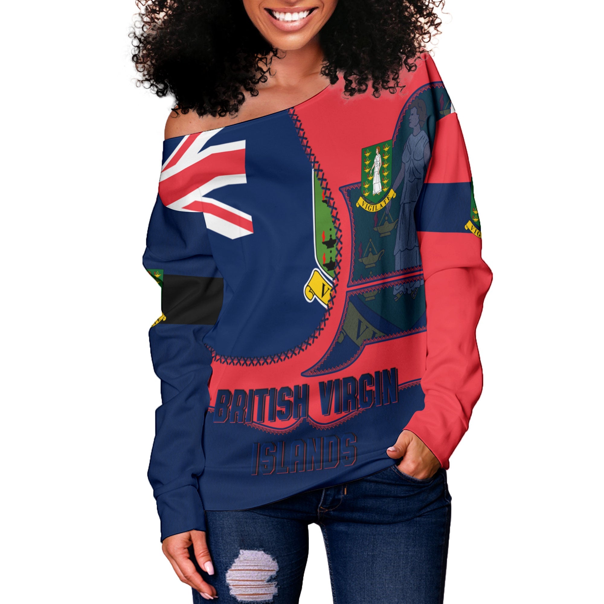 British Virgin Islands Women Off Shoulder Sweatshirt Flag & Coat Of Arms Leather Style