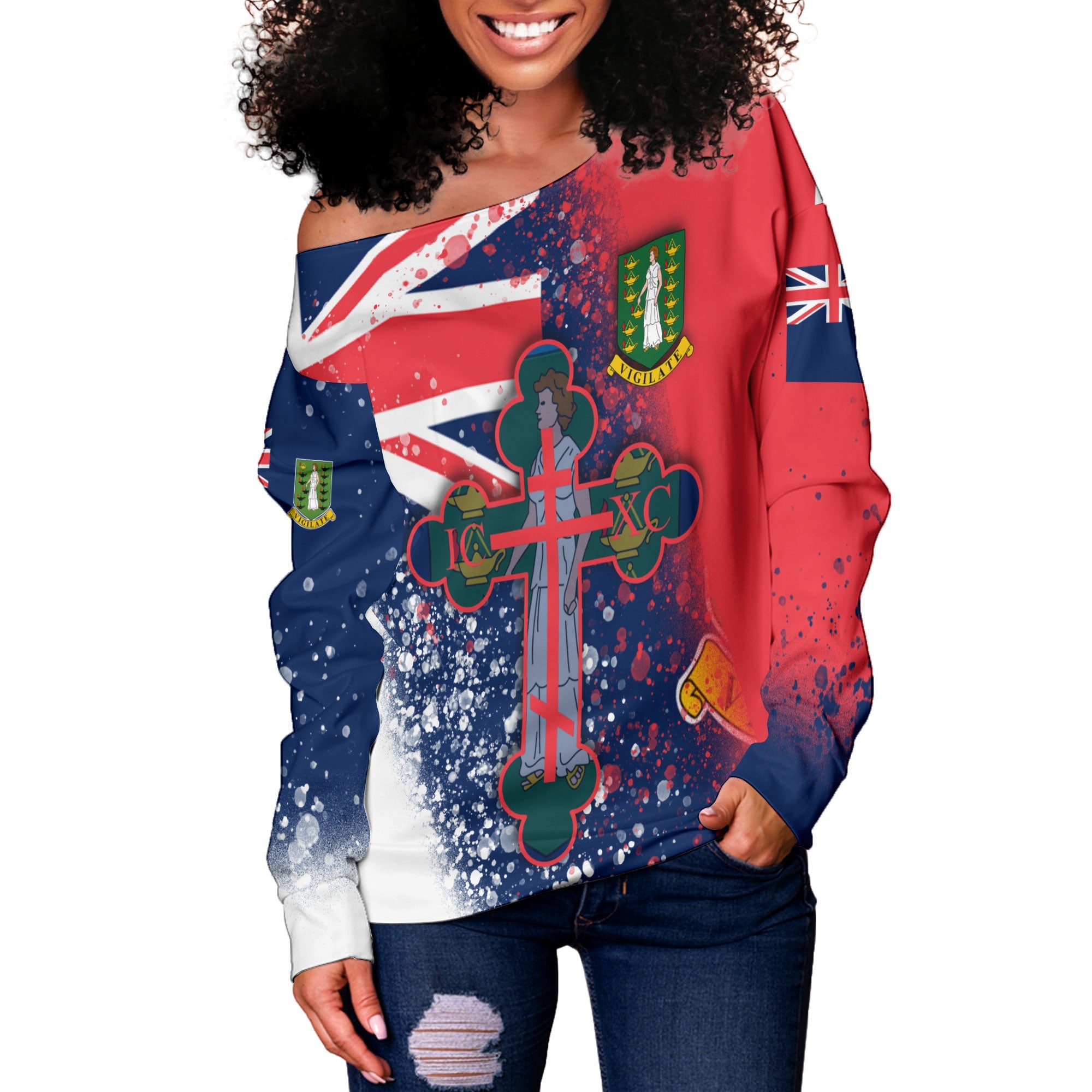 British Virgin Islands Women Off Shoulder Sweatshirt Flag & Coat Of Arms Orthodox Style