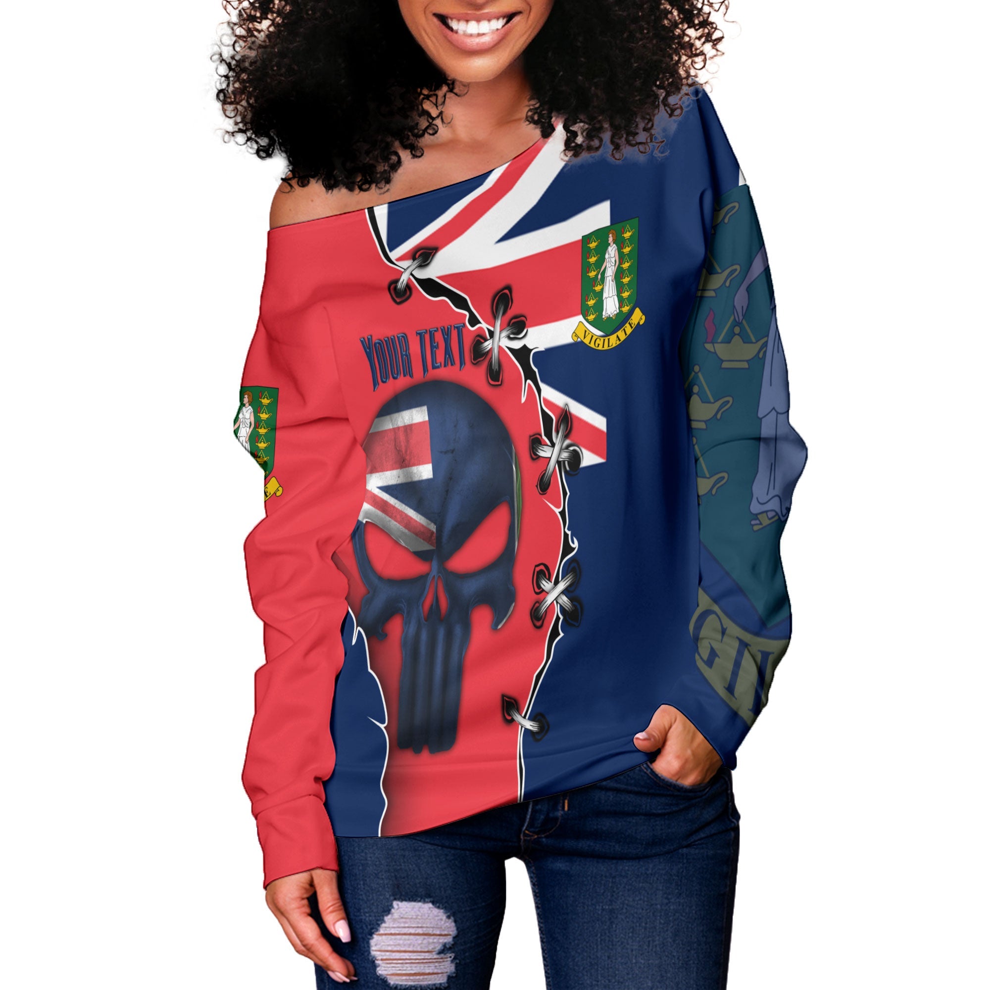 British Virgin Islands Women Off Shoulder Sweatshirt Flag & Coat Of Arms Skull Style