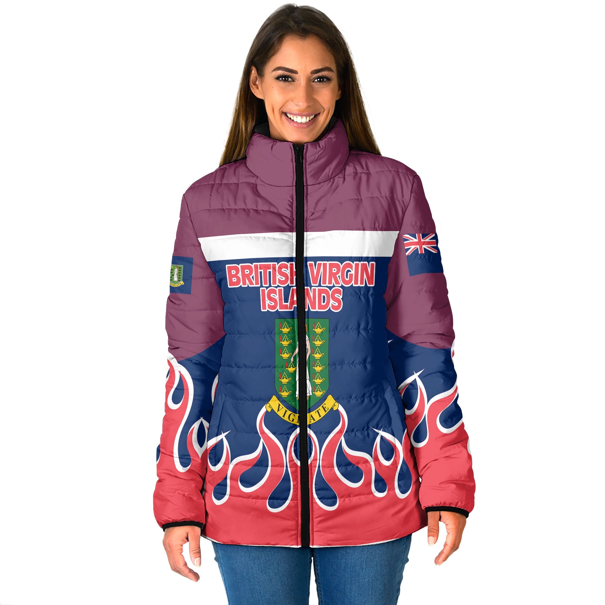 British Virgin Islands Women Padded Jacket Flag & Coat Of Arms Fire Hockey Style