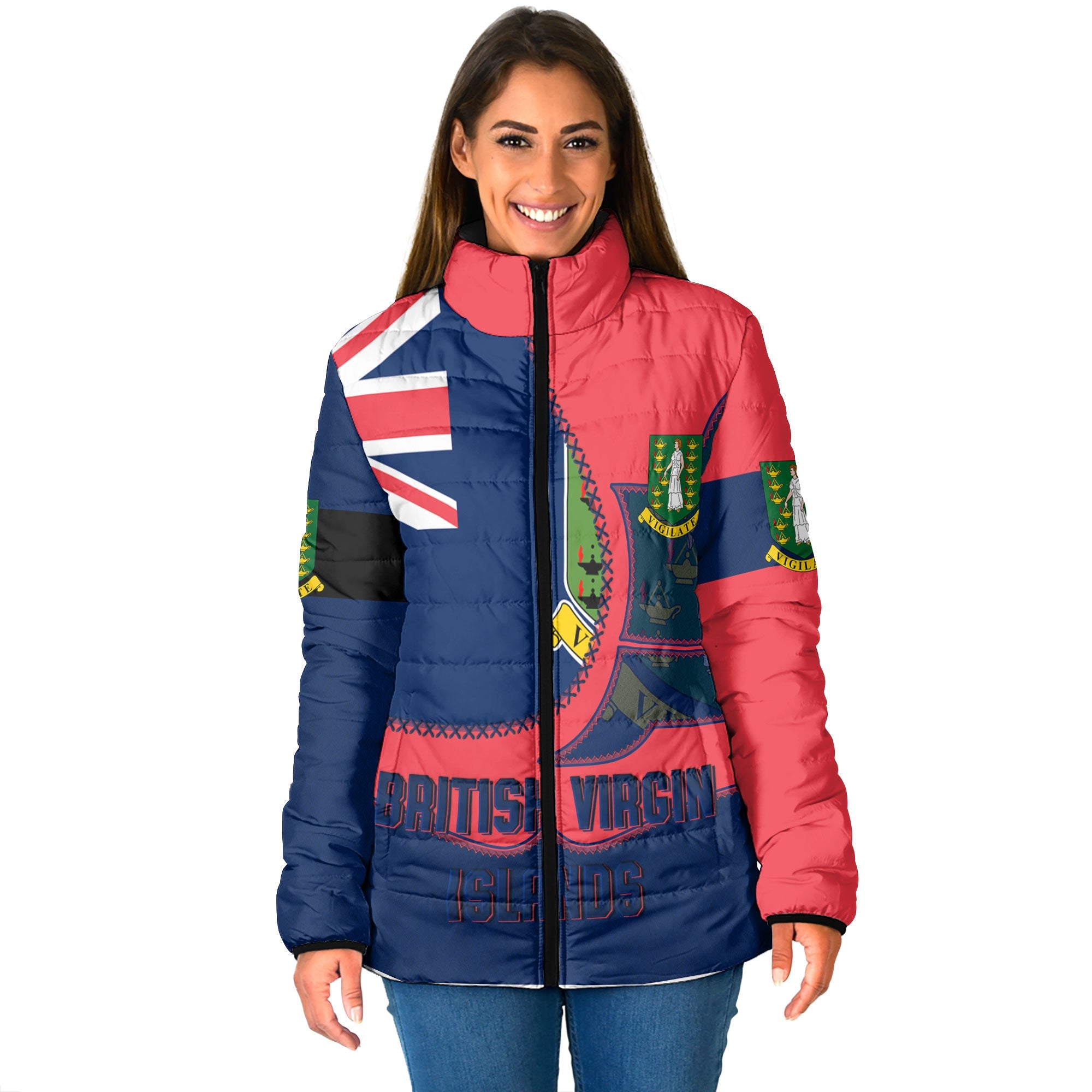 British Virgin Islands Women Padded Jacket Flag & Coat Of Arms Leather Style