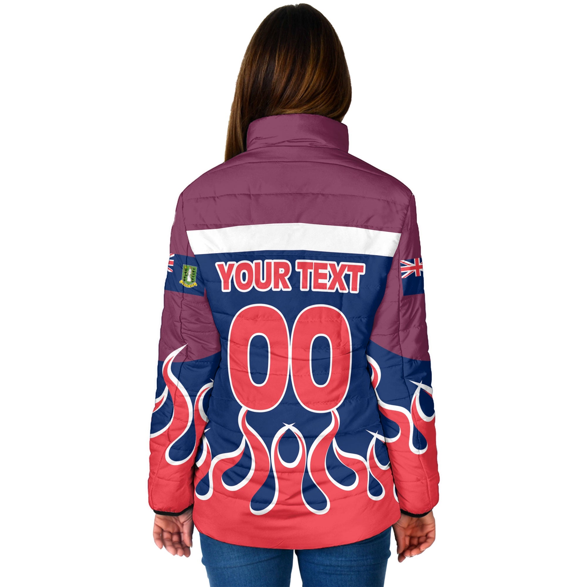 British Virgin Islands Women Padded Jacket Flag & Coat Of Arms Fire Hockey Style