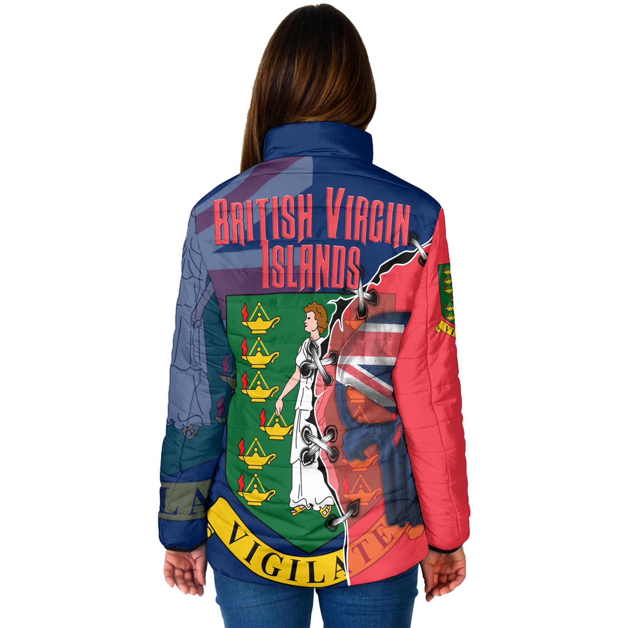 British Virgin Islands Women Padded Jacket Flag & Coat Of Arms Skull Style