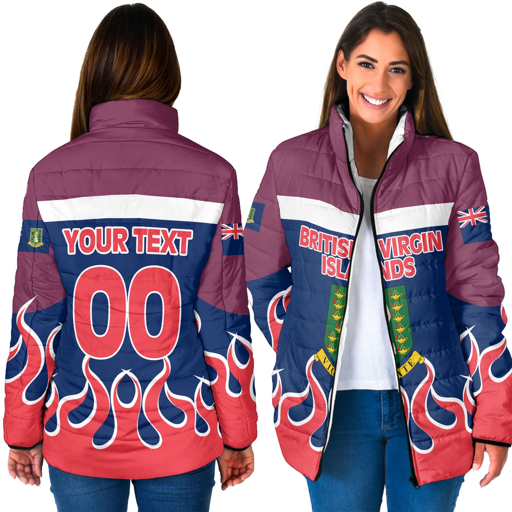 British Virgin Islands Women Padded Jacket Flag & Coat Of Arms Fire Hockey Style