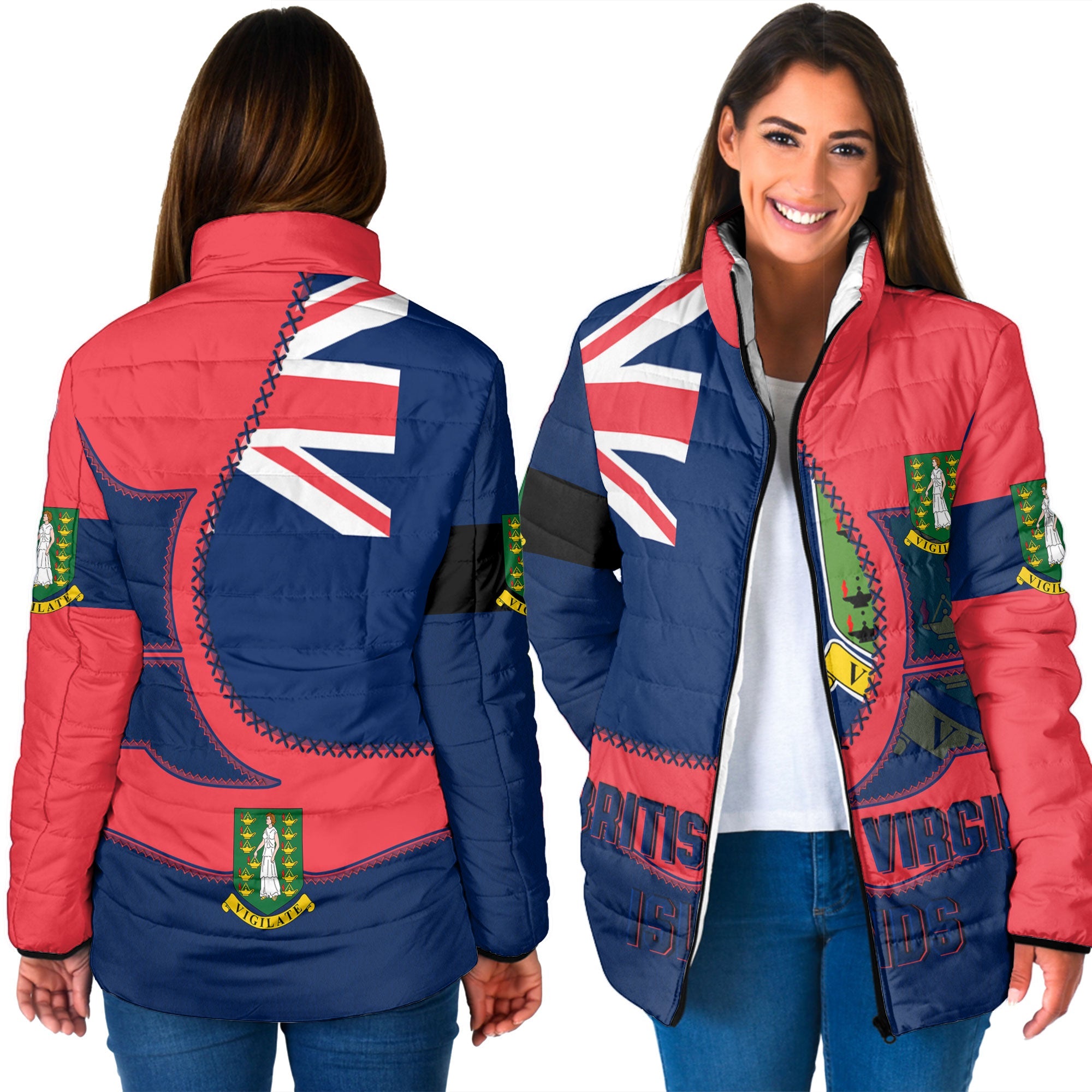 British Virgin Islands Women Padded Jacket Flag & Coat Of Arms Leather Style