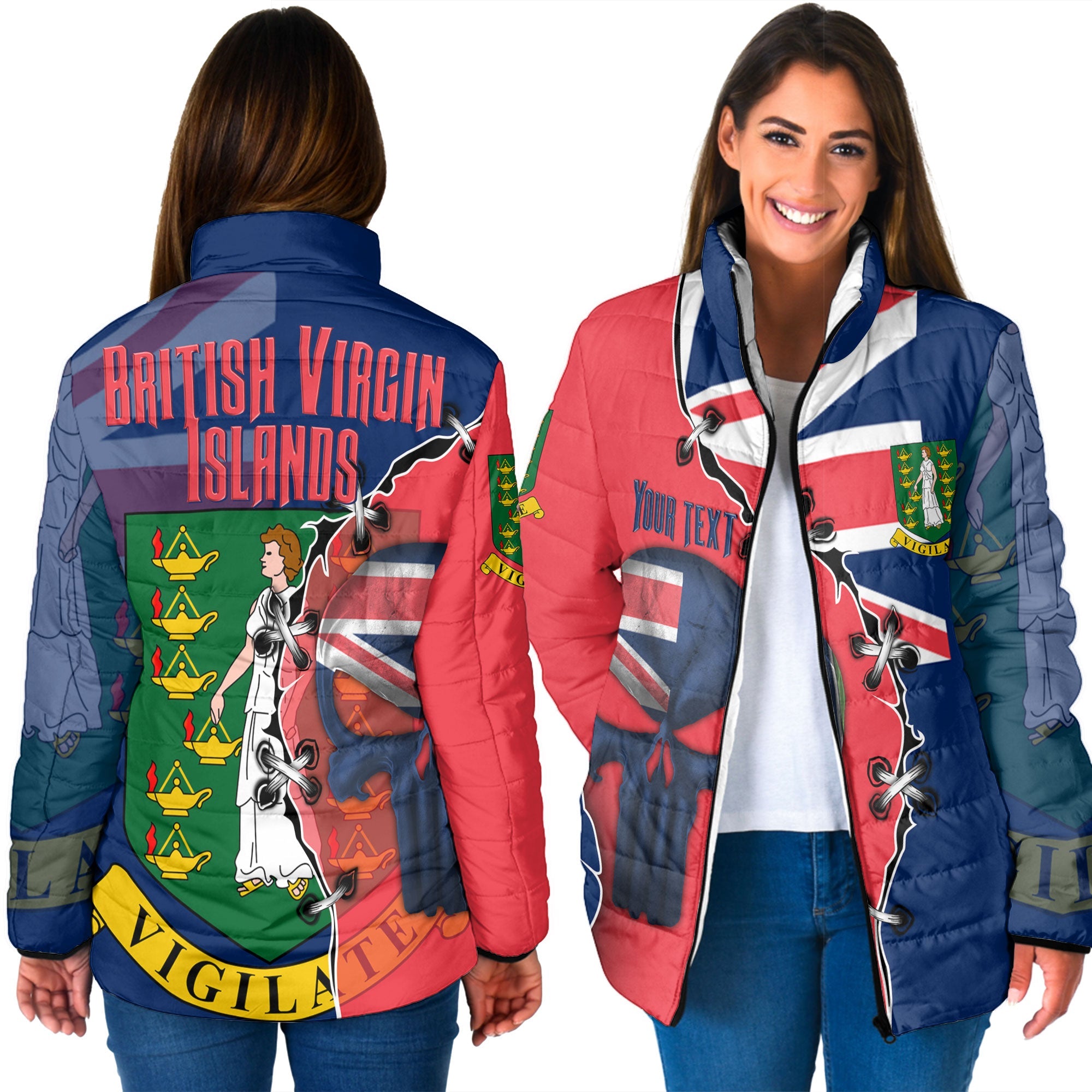 British Virgin Islands Women Padded Jacket Flag & Coat Of Arms Skull Style