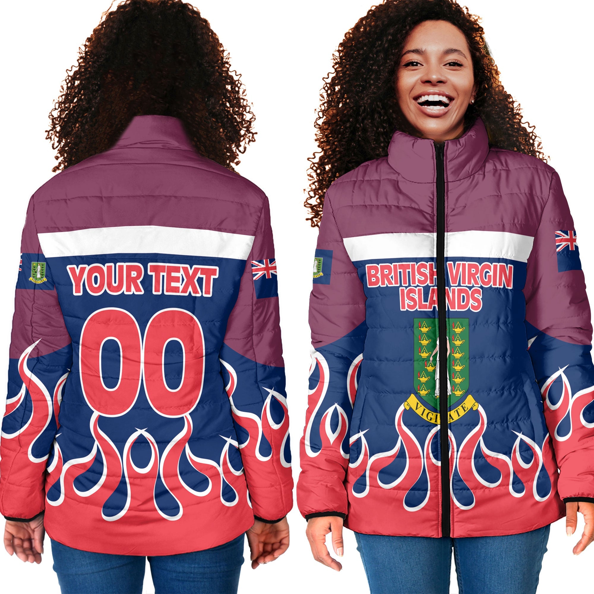 British Virgin Islands Women Padded Jacket Flag & Coat Of Arms Fire Hockey Style