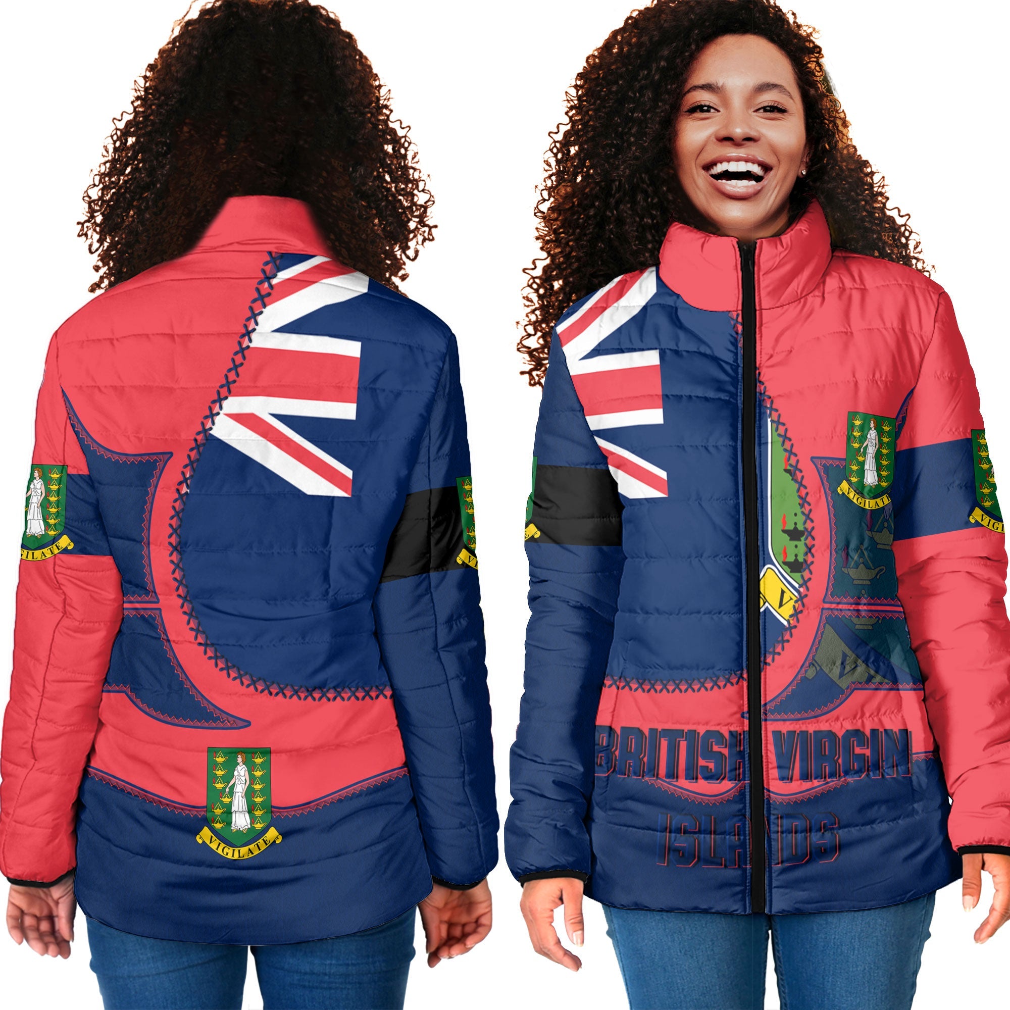 British Virgin Islands Women Padded Jacket Flag & Coat Of Arms Leather Style