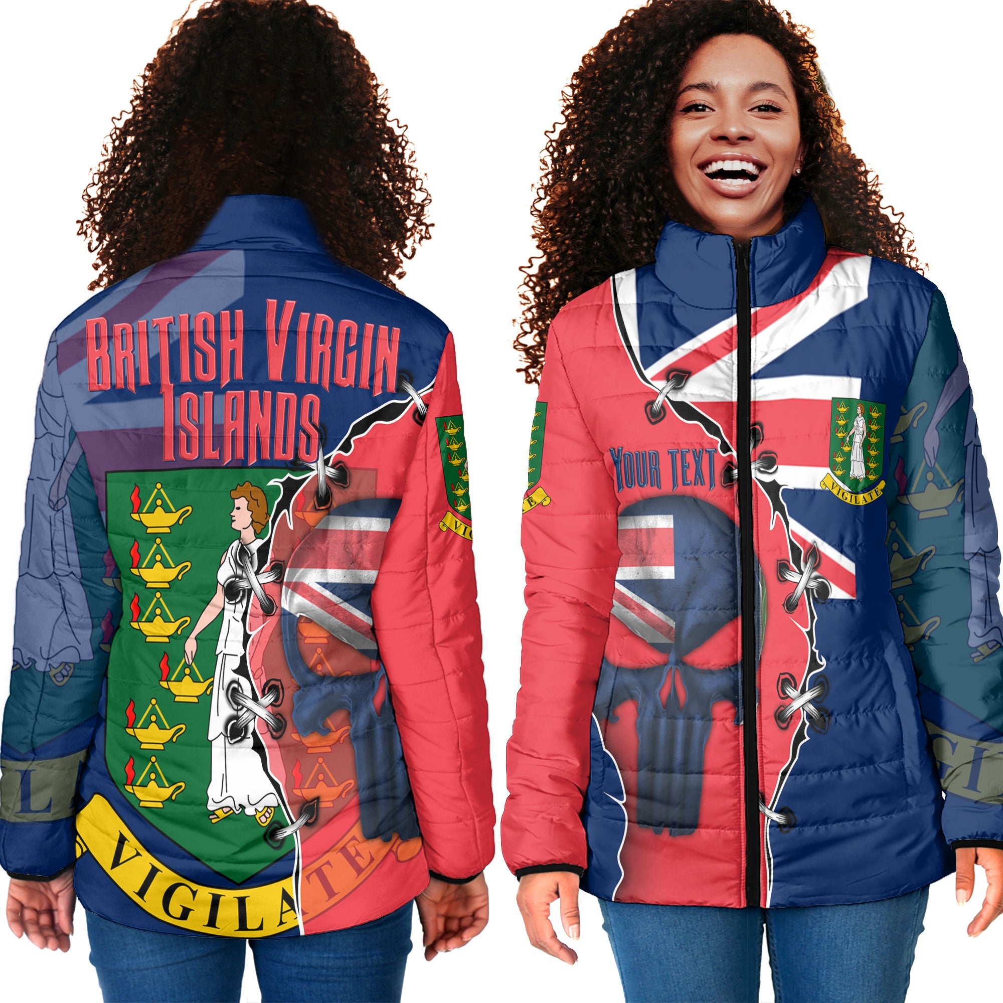 British Virgin Islands Women Padded Jacket Flag & Coat Of Arms Skull Style