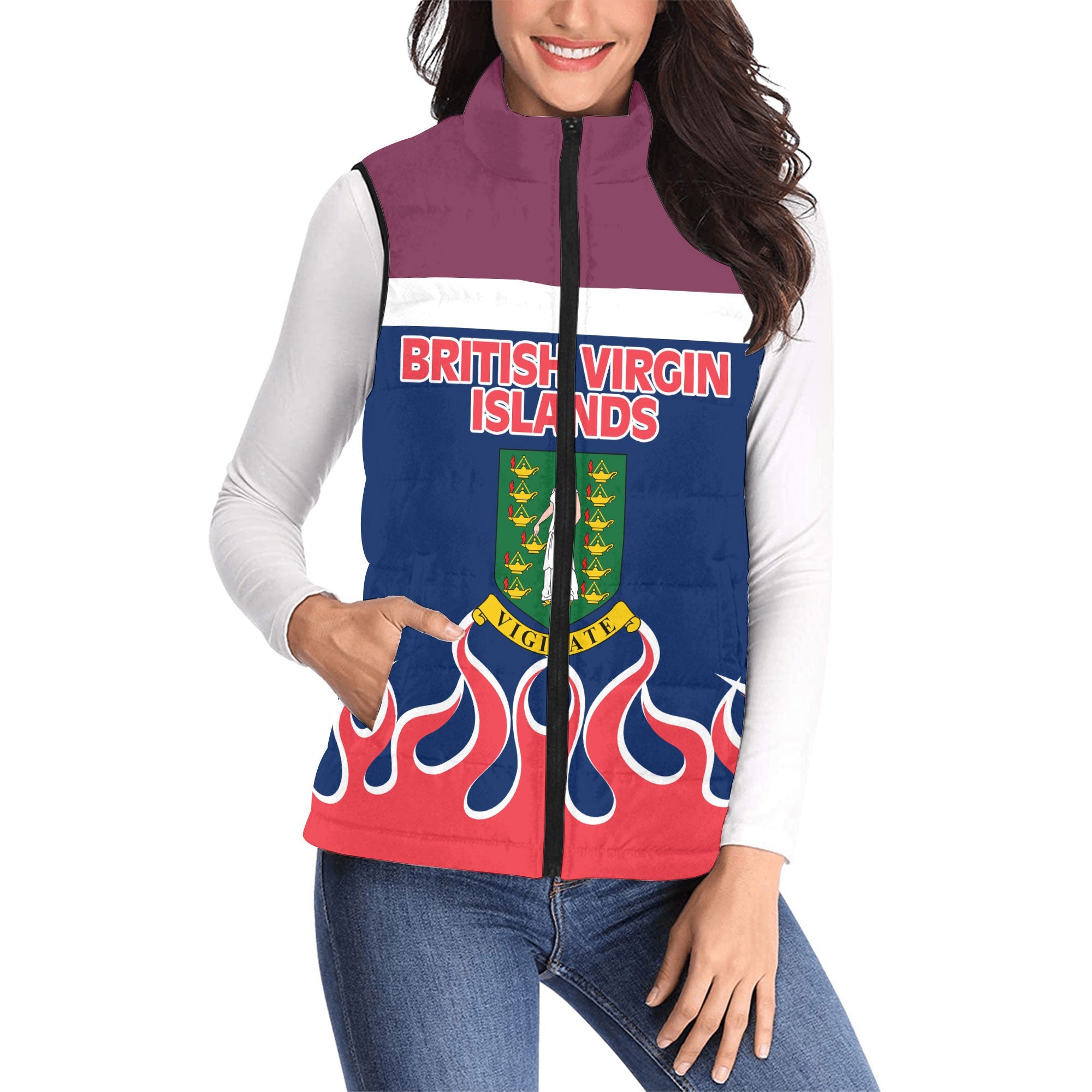 British Virgin Islands Women Padded Jacket Vest Flag & Coat Of Arms Fire Hockey Style