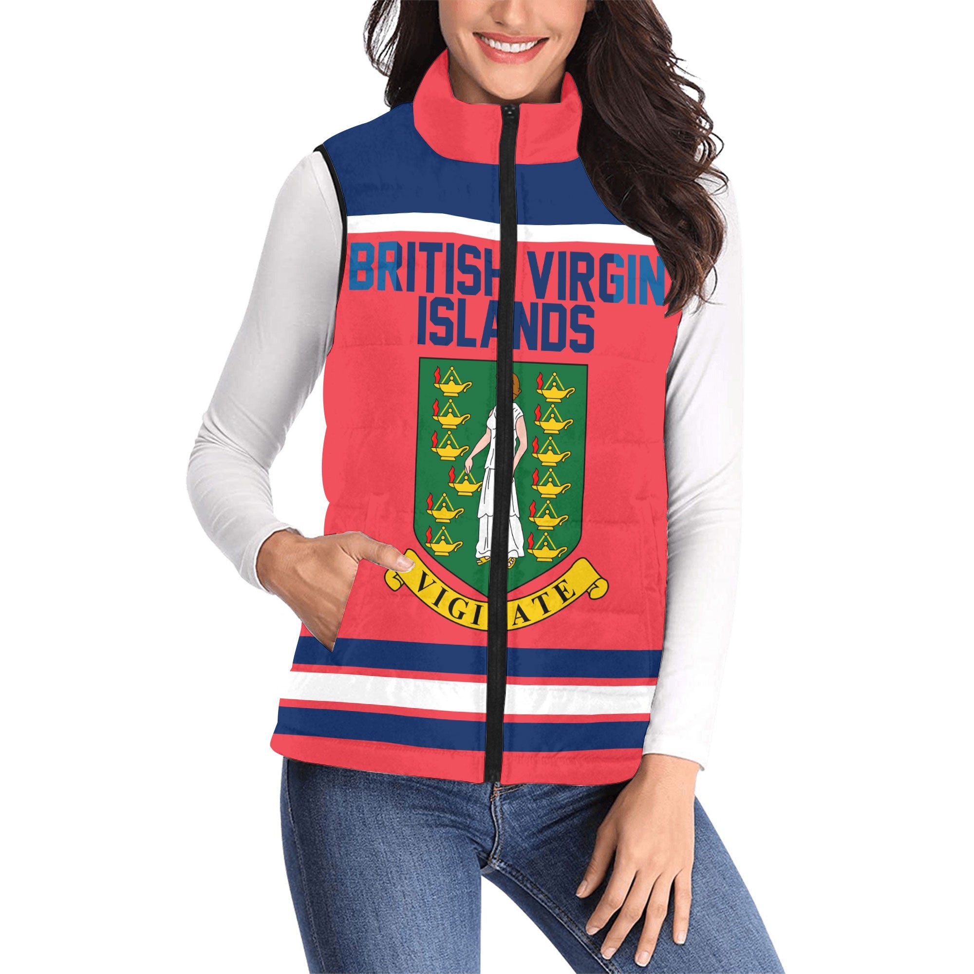 British Virgin Islands Women Padded Jacket Vest Flag & Coat Of Arms Hockey Style