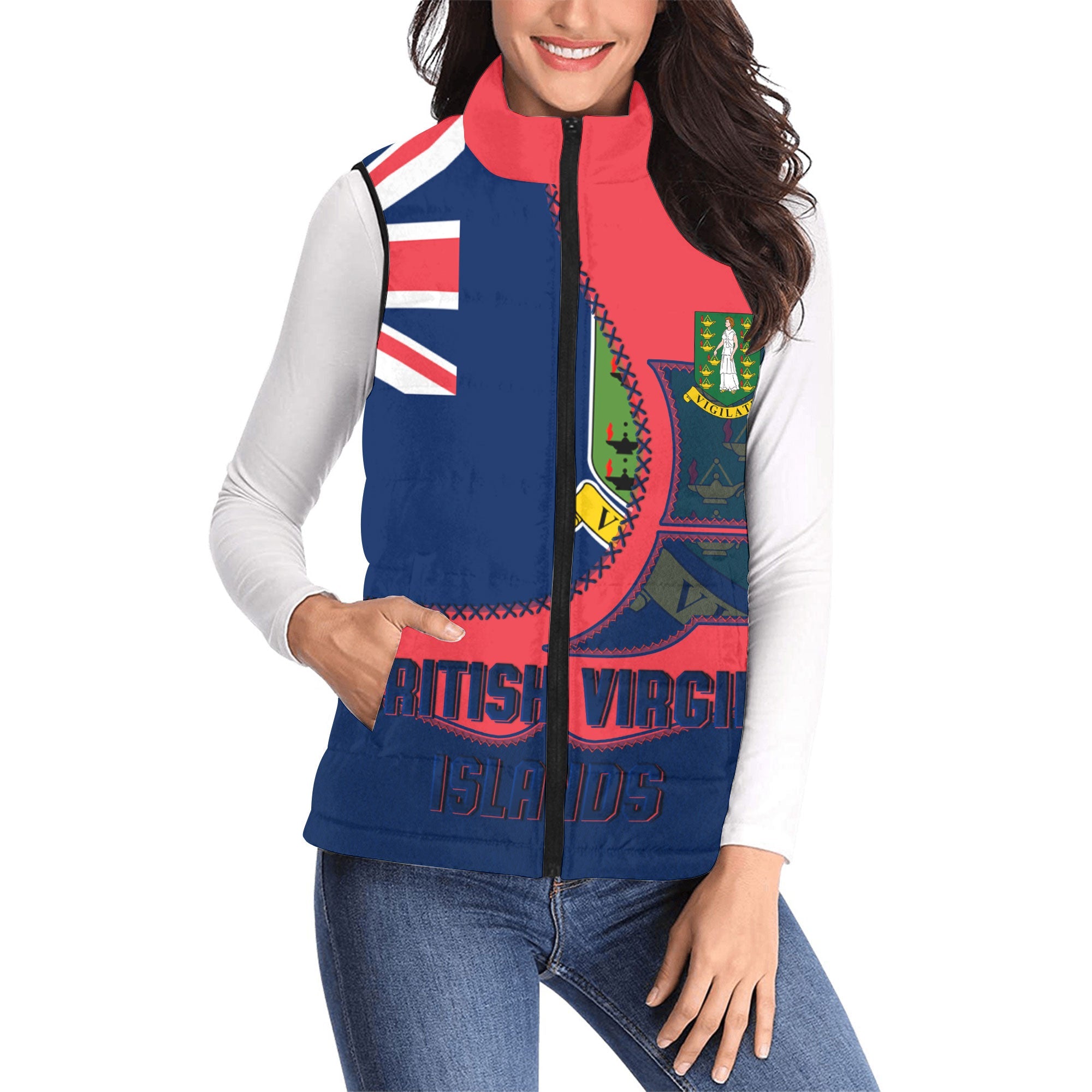 British Virgin Islands Women Padded Jacket Vest Flag & Coat Of Arms Leather Style