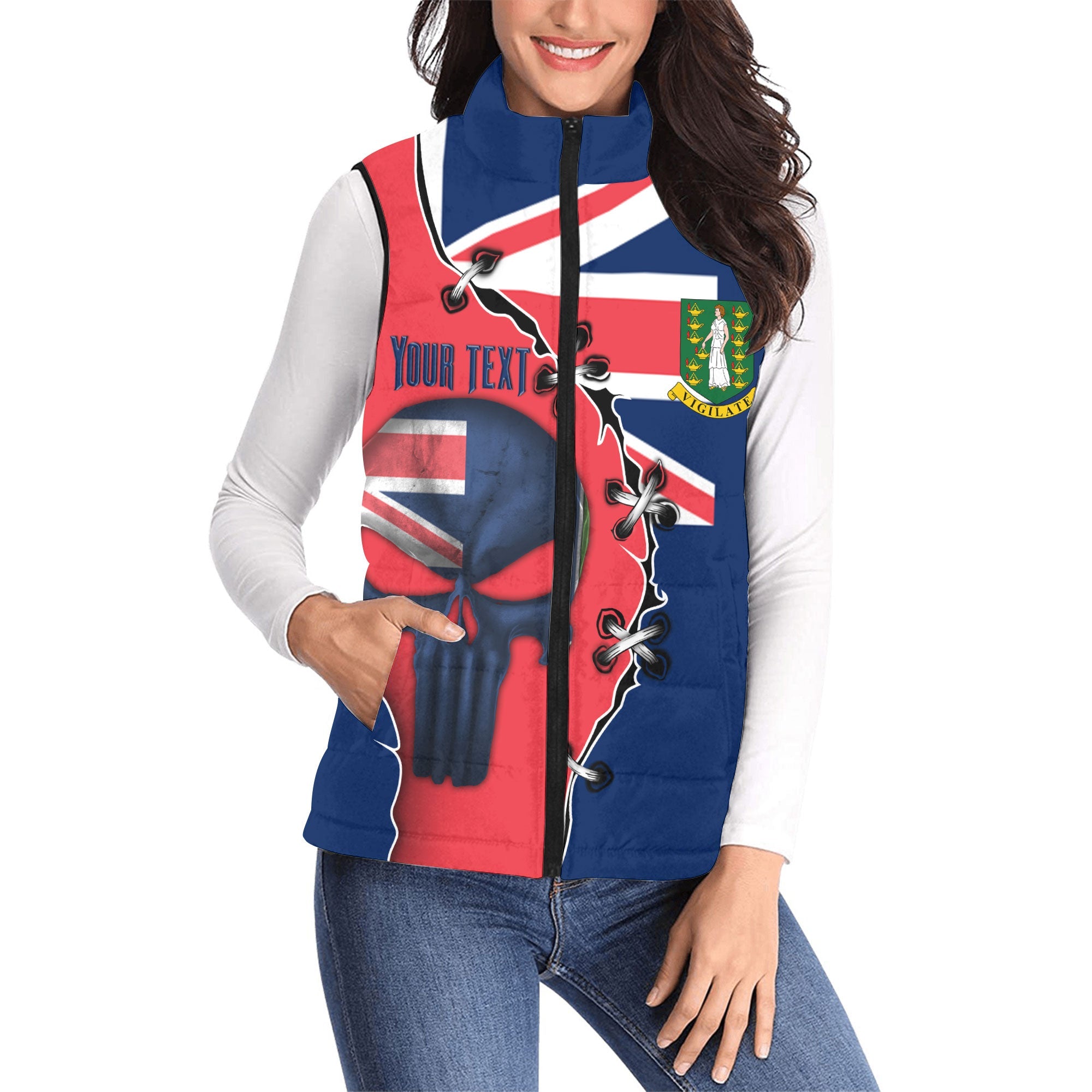 British Virgin Islands Women Padded Jacket Vest Flag & Coat Of Arms Skull Style