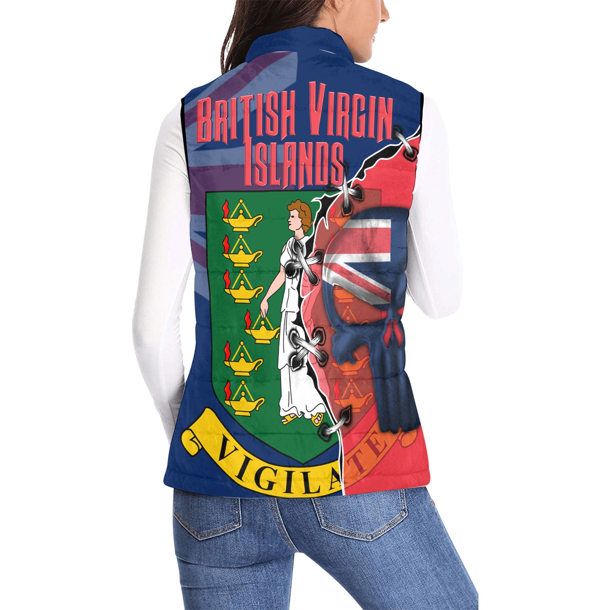 British Virgin Islands Women Padded Jacket Vest Flag & Coat Of Arms Skull Style