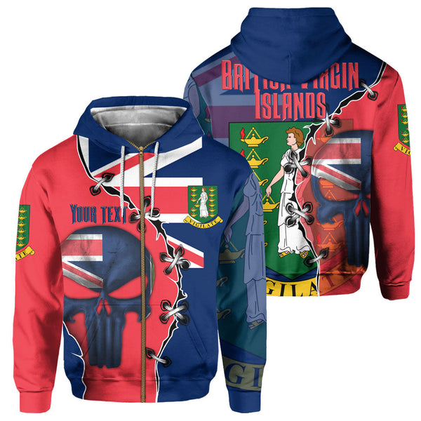 British Virgin Islands Zip Hoodie Flag & Coat Of Arms Skull Style