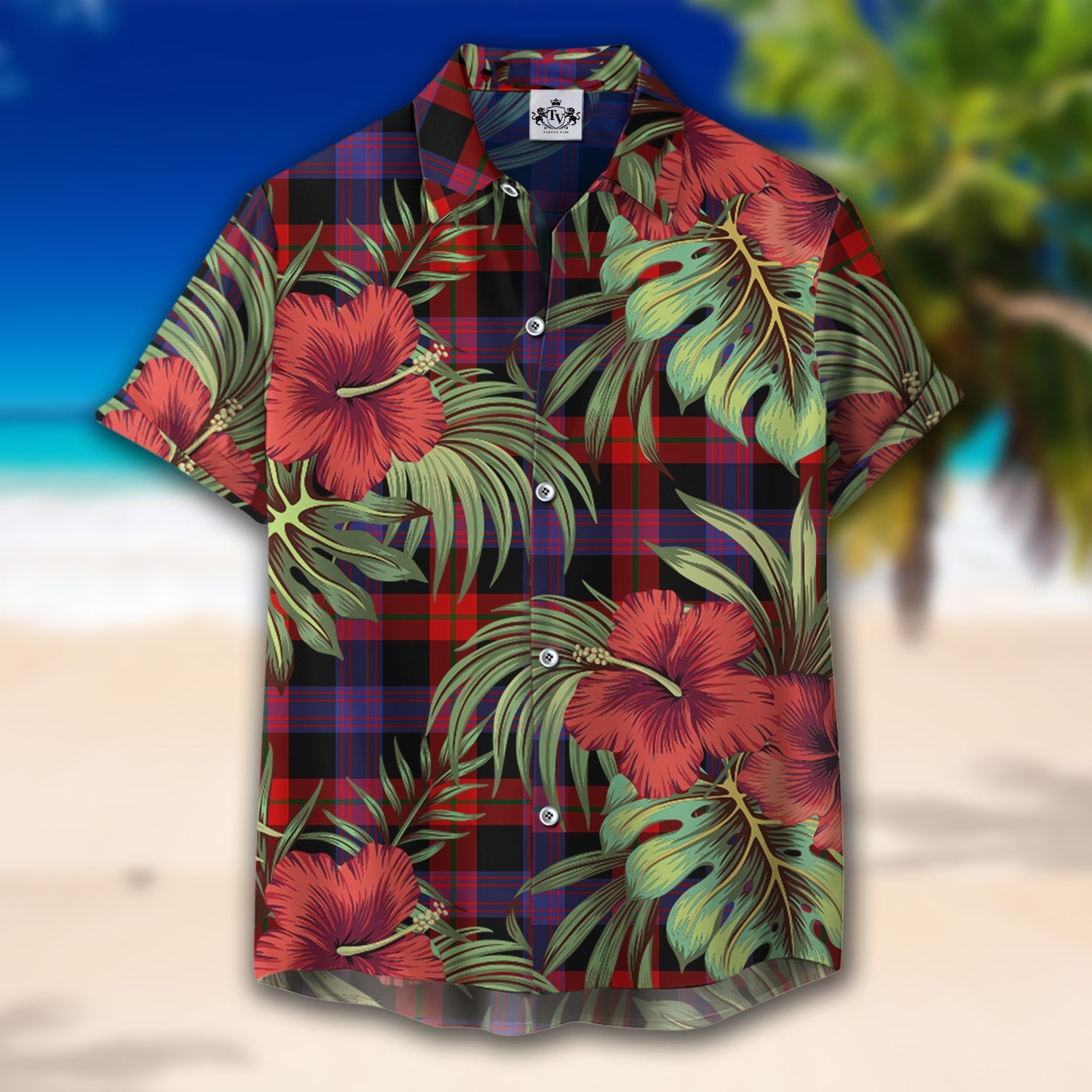 Scottish Tartan Broun Modern Clan Hawaiian Shirt Hibiscus - Tropical Garden Style