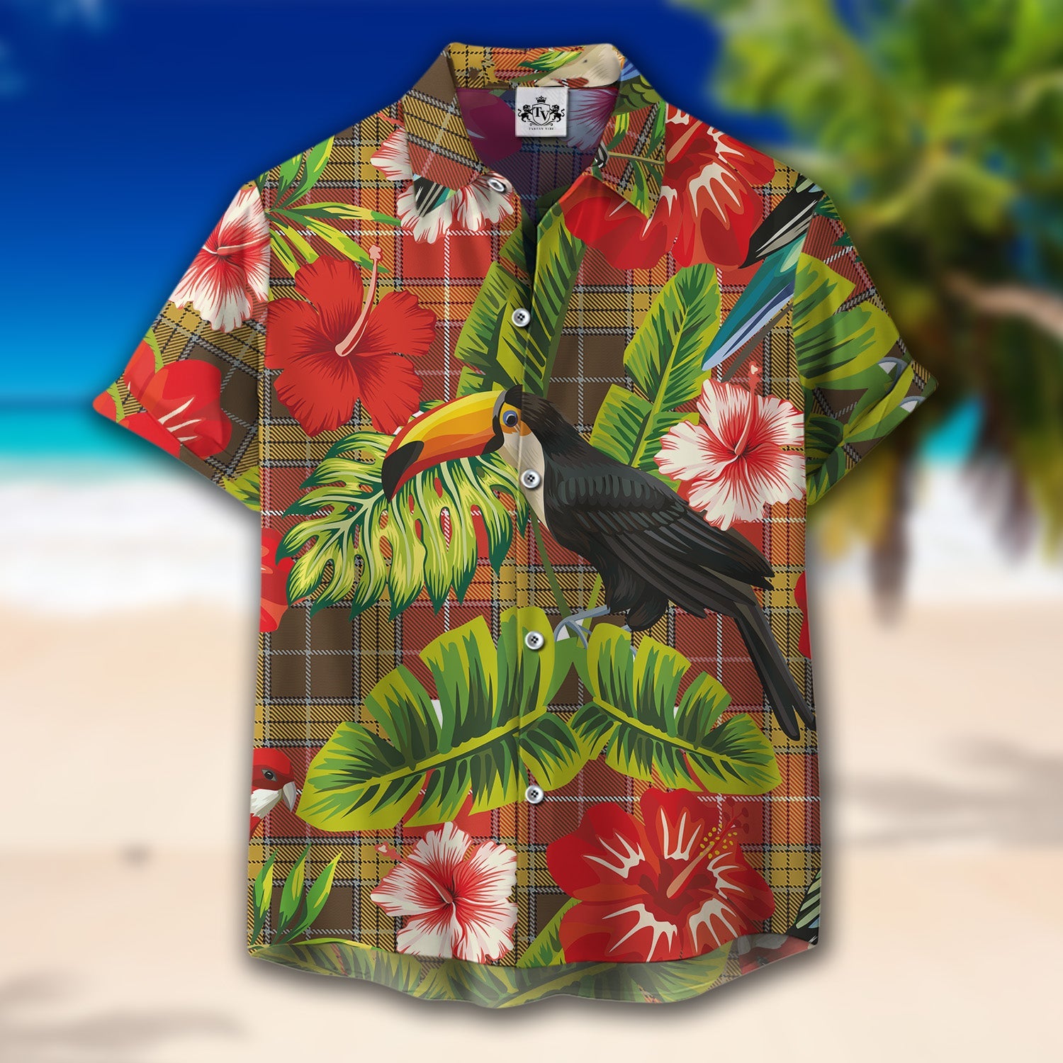 Scottish Tartan Buchanan Old Set Weathered Clan Hawaiian Shirt Hibiscus - Tropical Garden Style