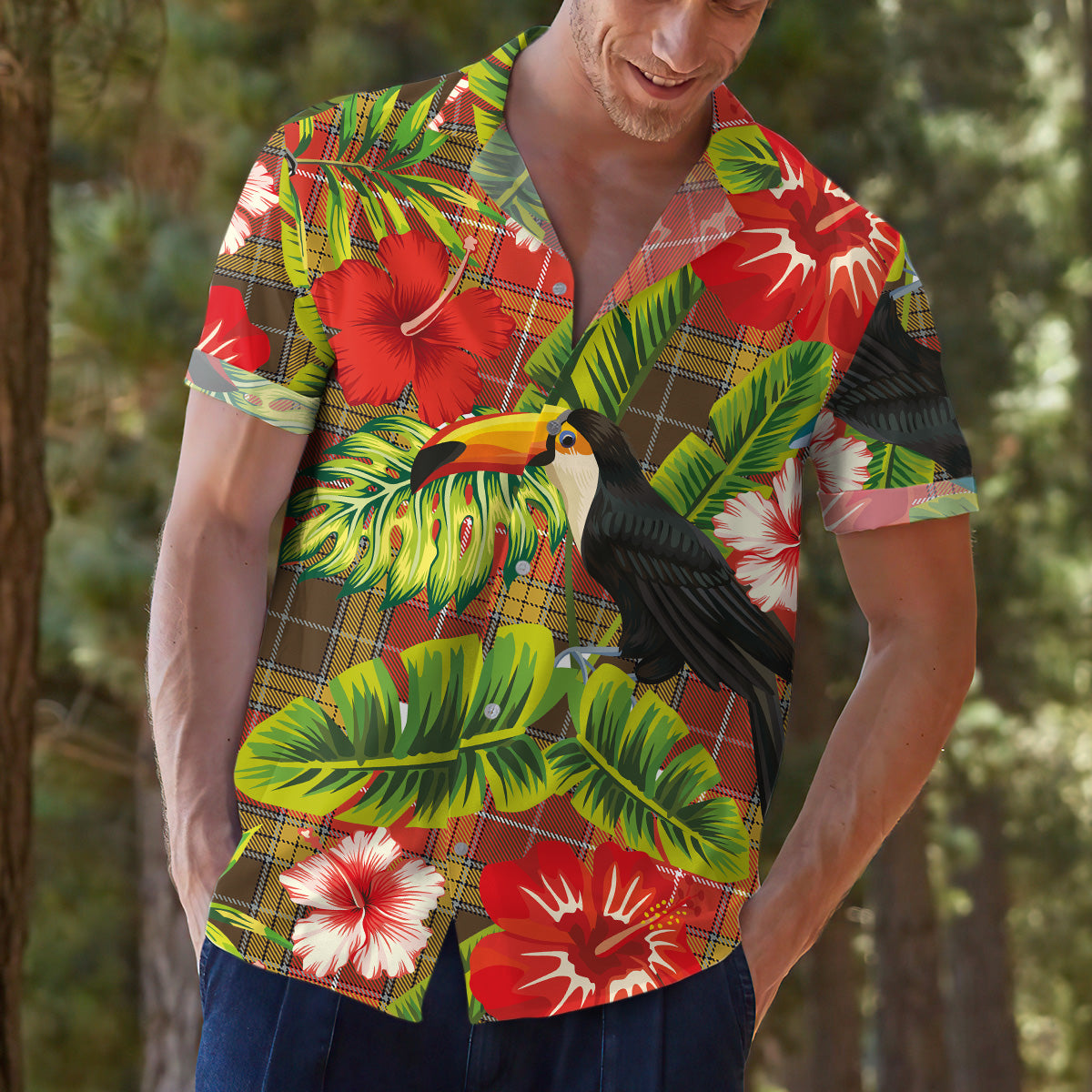 Scottish Tartan Buchanan Old Set Weathered Clan Hawaiian Shirt Hibiscus - Tropical Garden Style