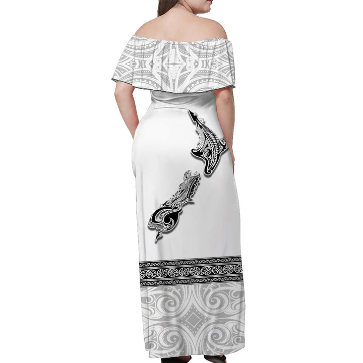 (Custom Personalised) New Zealand Off Shoulder Long Dress Maori Fern and Map White LT13