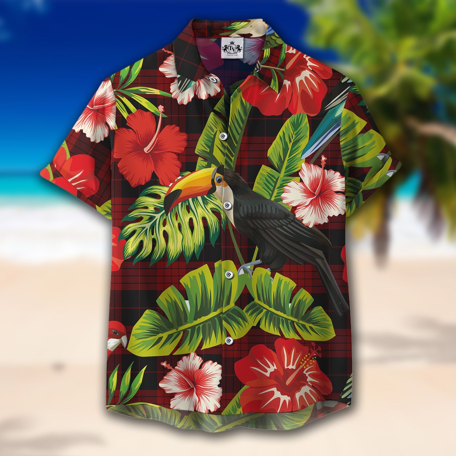 Scottish Tartan Cameron Black and Red Clan Hawaiian Shirt Hibiscus - Tropical Garden Style