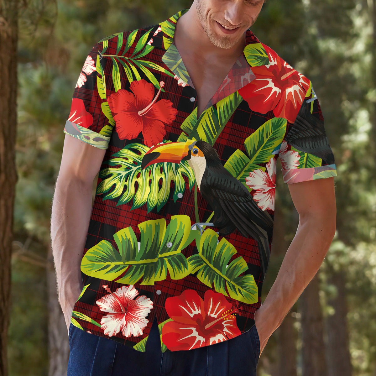 Scottish Tartan Cameron Black and Red Clan Hawaiian Shirt Hibiscus - Tropical Garden Style