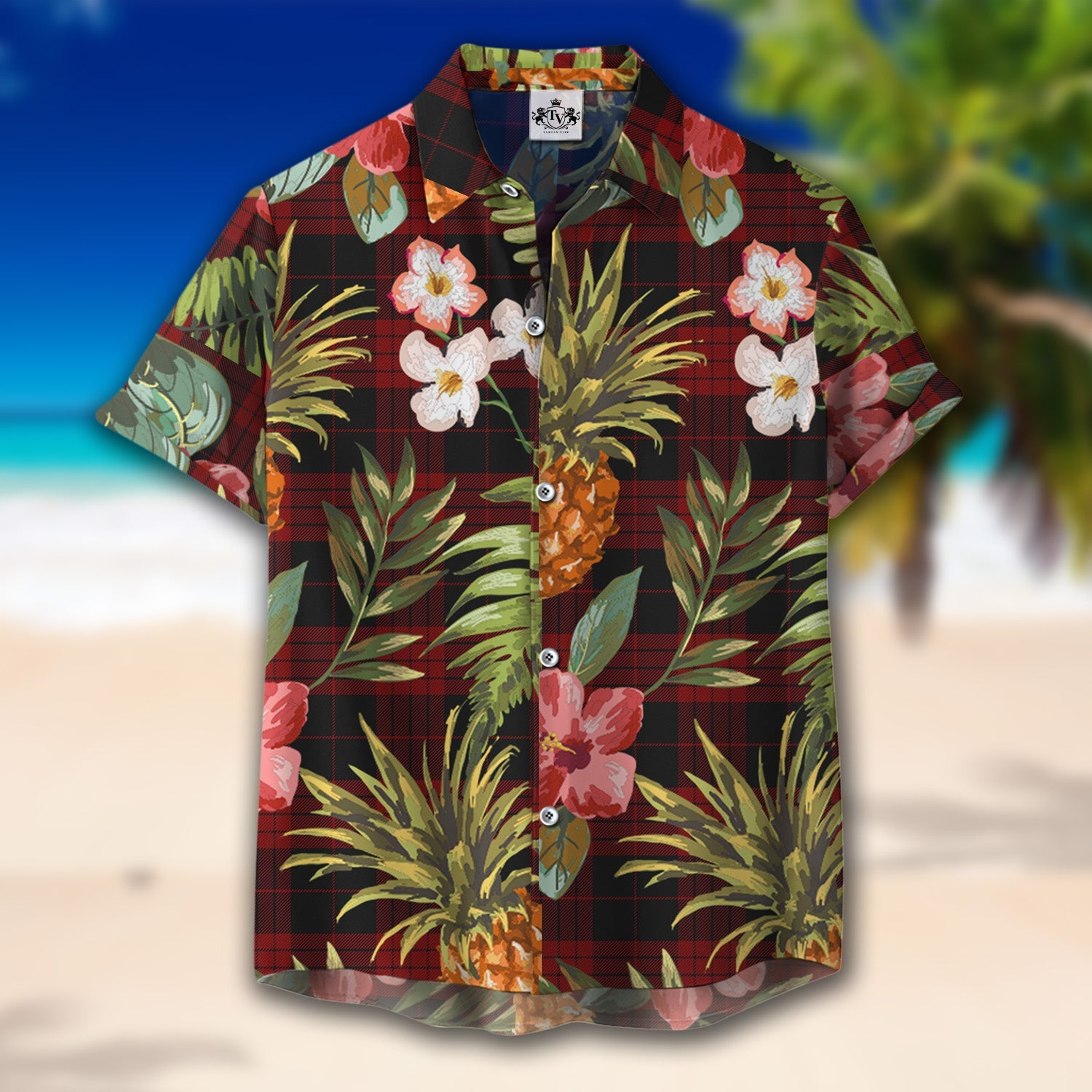 Scottish Tartan Cameron Black and Red Clan Hawaiian Shirt Hibiscus - Tropical Garden Style