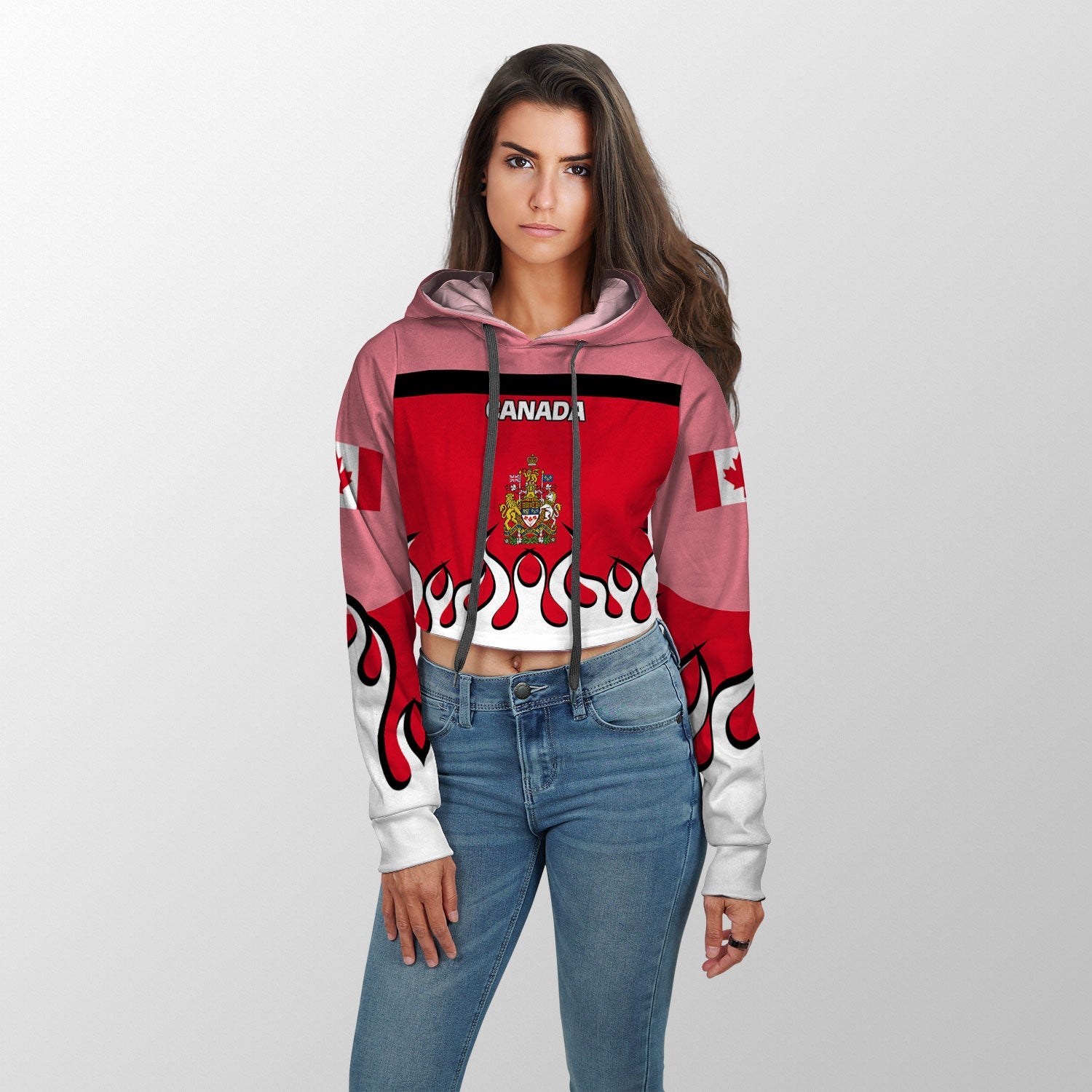 Canada Crop Hoodie Flag & Coat Of Arms Fire Hockey Style