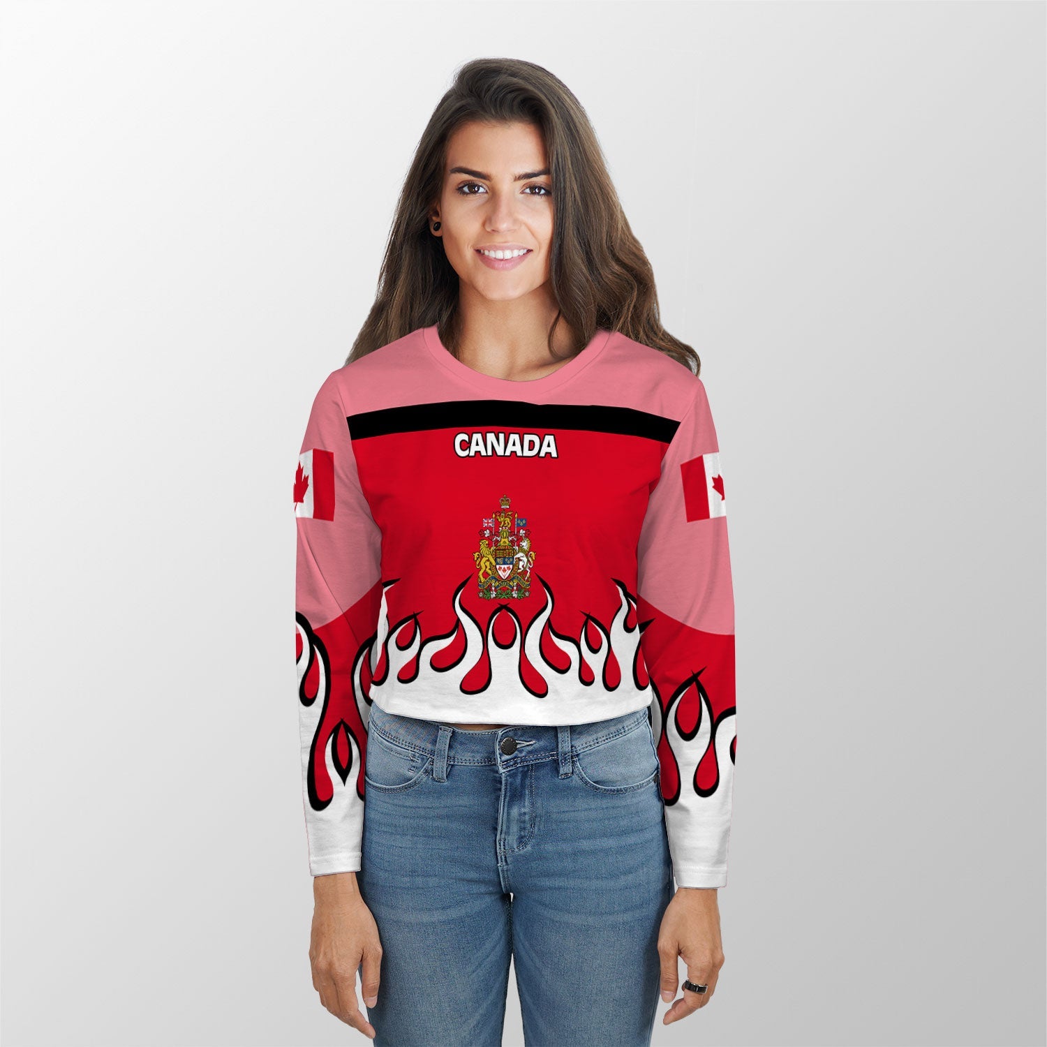 Canada Crop Top Long TShirt Flag & Coat Of Arms Fire Hockey Style