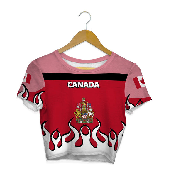 Canada Crop Top T Shirt Flag & Coat Of Arms Fire Hockey Style