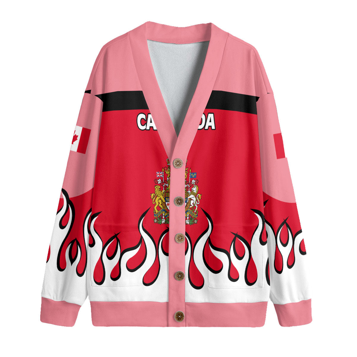 Canada Fleece Cardigan Flag & Coat Of Arms Fire Hockey Style