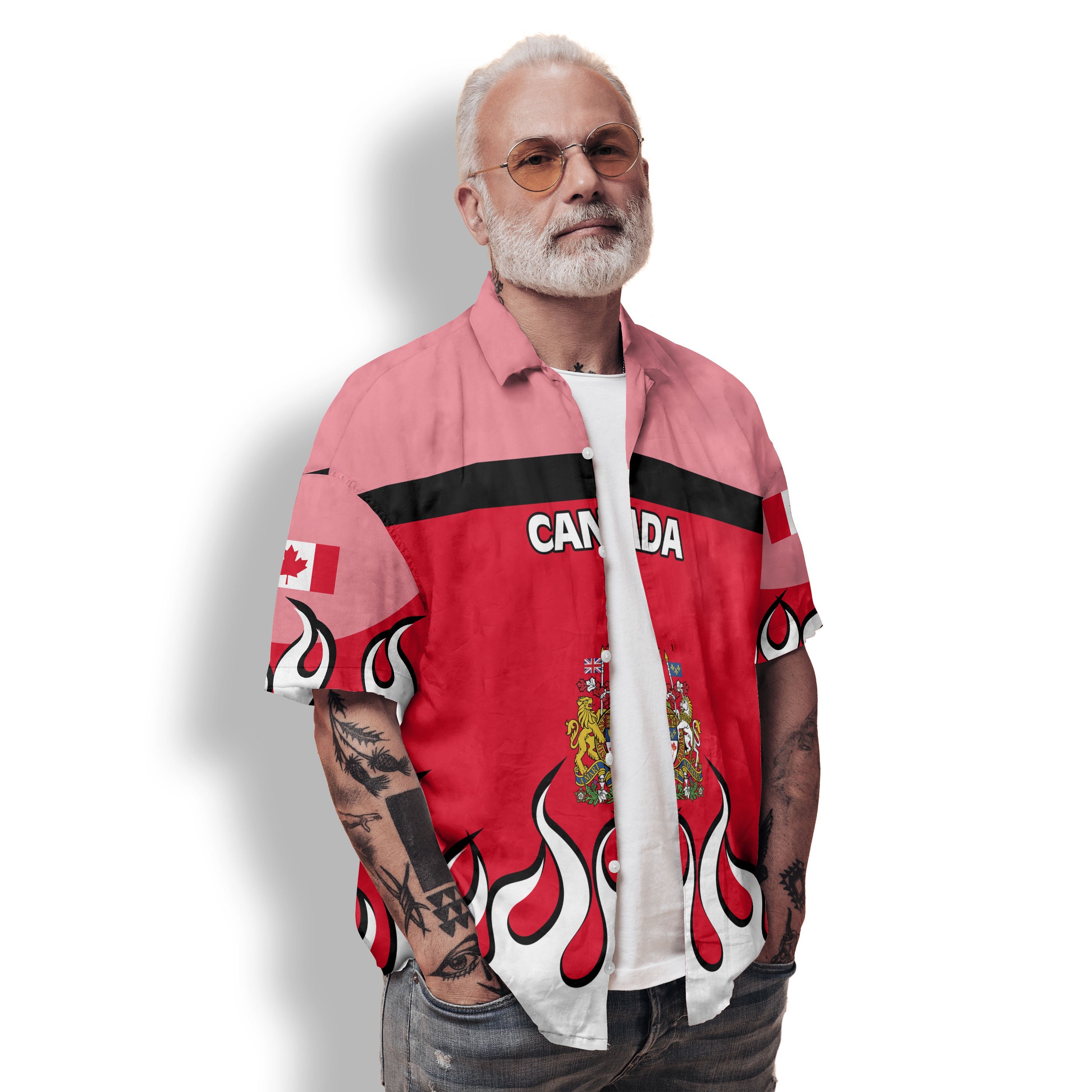 Canada Hawaiian Shirt Flag & Coat Of Arms Fire Hockey Style