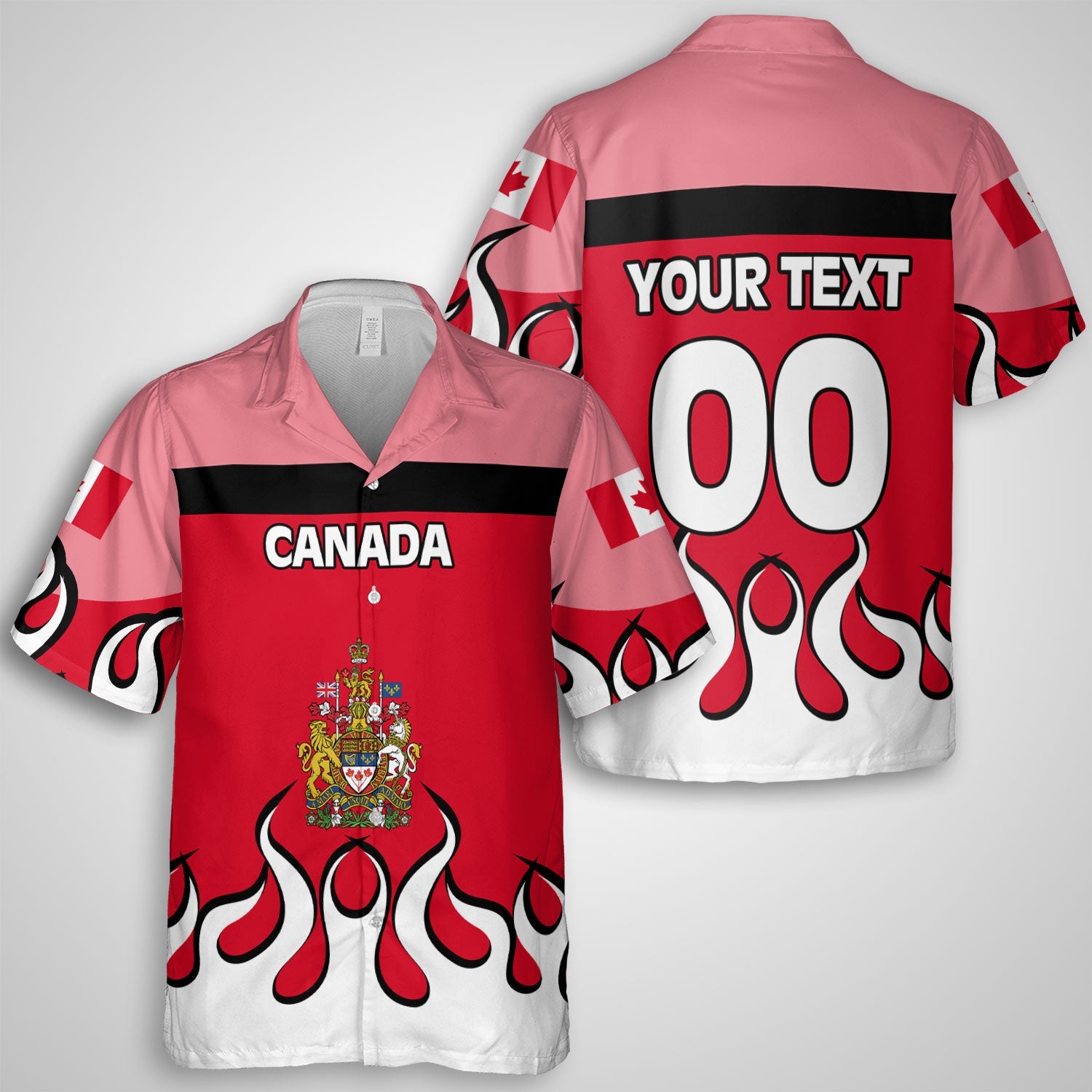 Canada Hawaiian Shirt Flag & Coat Of Arms Fire Hockey Style