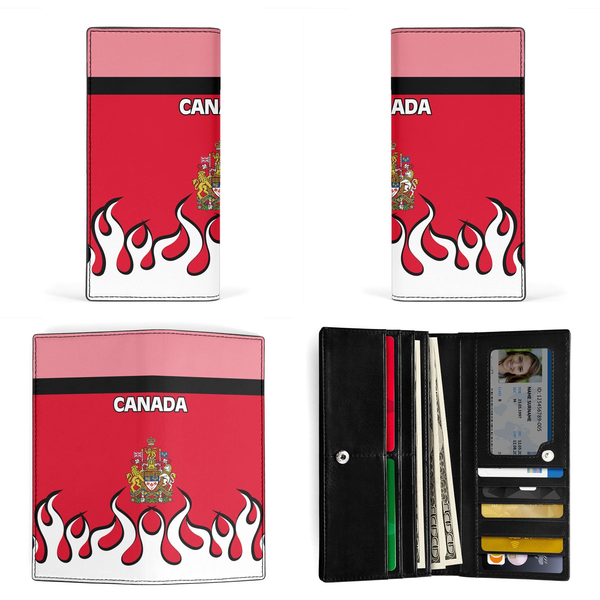 Canada Leather Wallet Flag & Coat Of Arms Fire Hockey Style