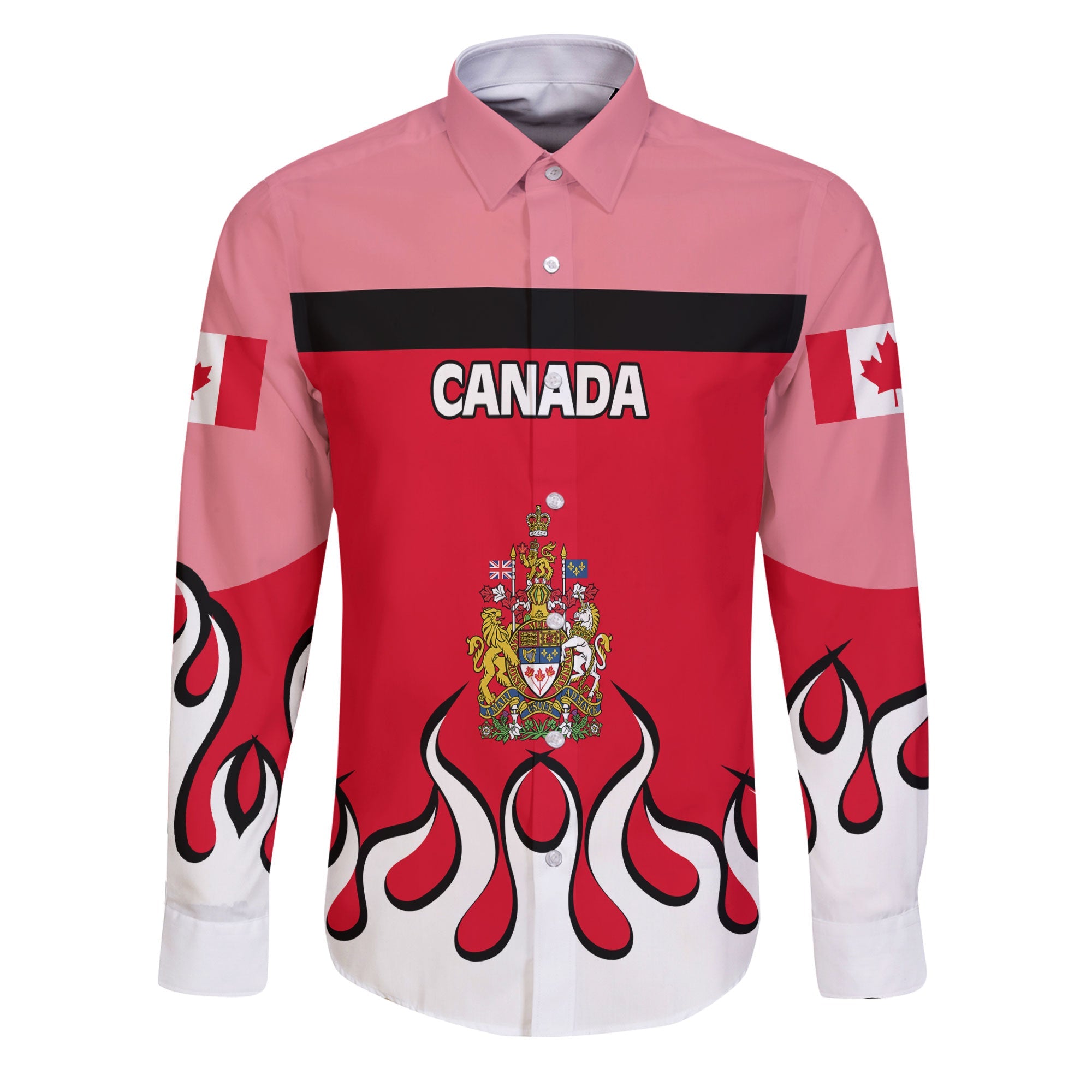 Canada Long Sleeve Button Shirt Flag & Coat Of Arms Fire Hockey Style