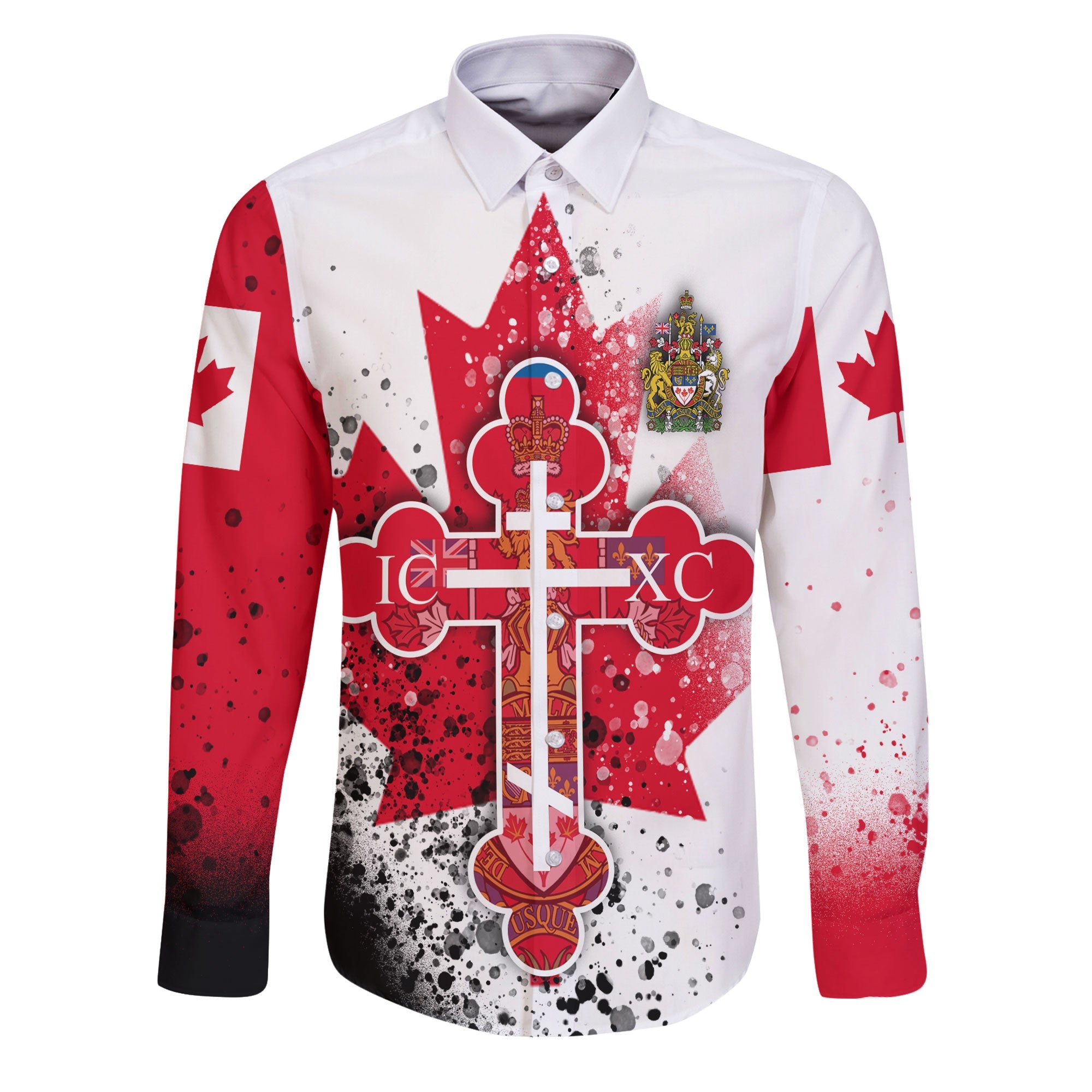 Canada Long Sleeve Button Shirt Flag & Coat Of Arms Orthodox Style