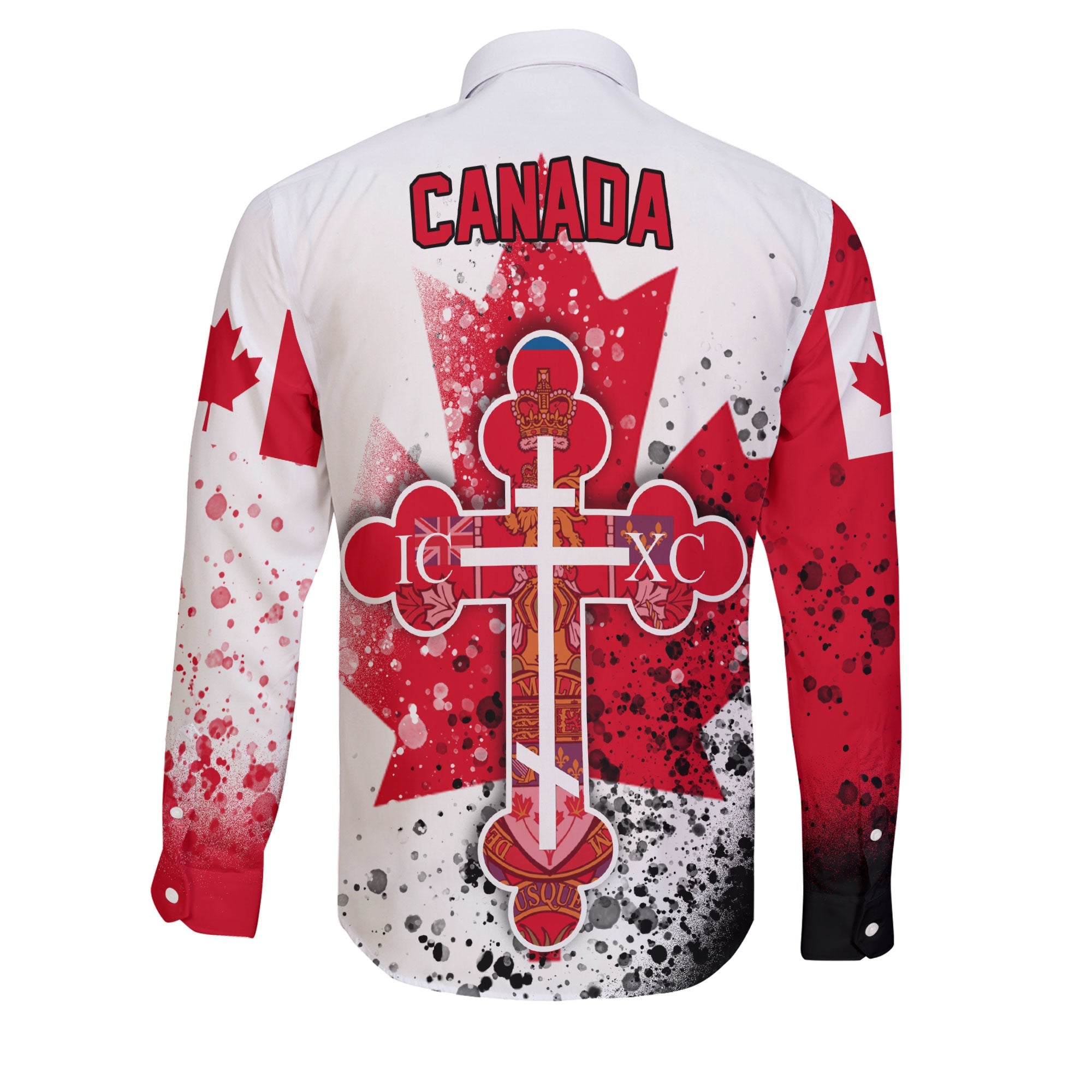 Canada Long Sleeve Button Shirt Flag & Coat Of Arms Orthodox Style