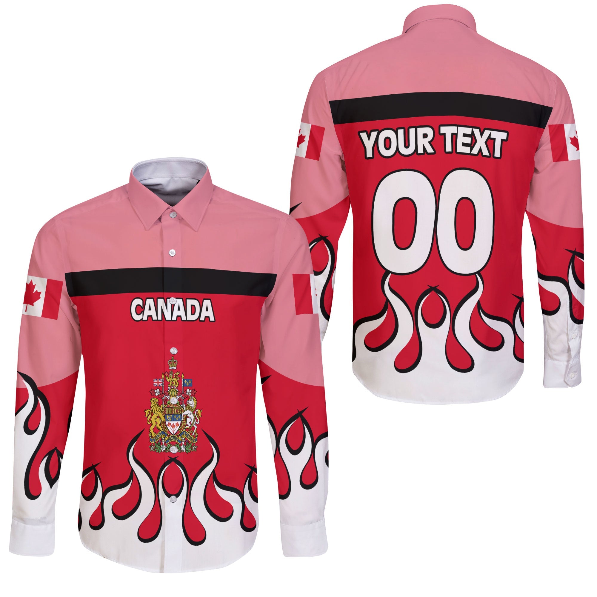 Canada Long Sleeve Button Shirt Flag & Coat Of Arms Fire Hockey Style