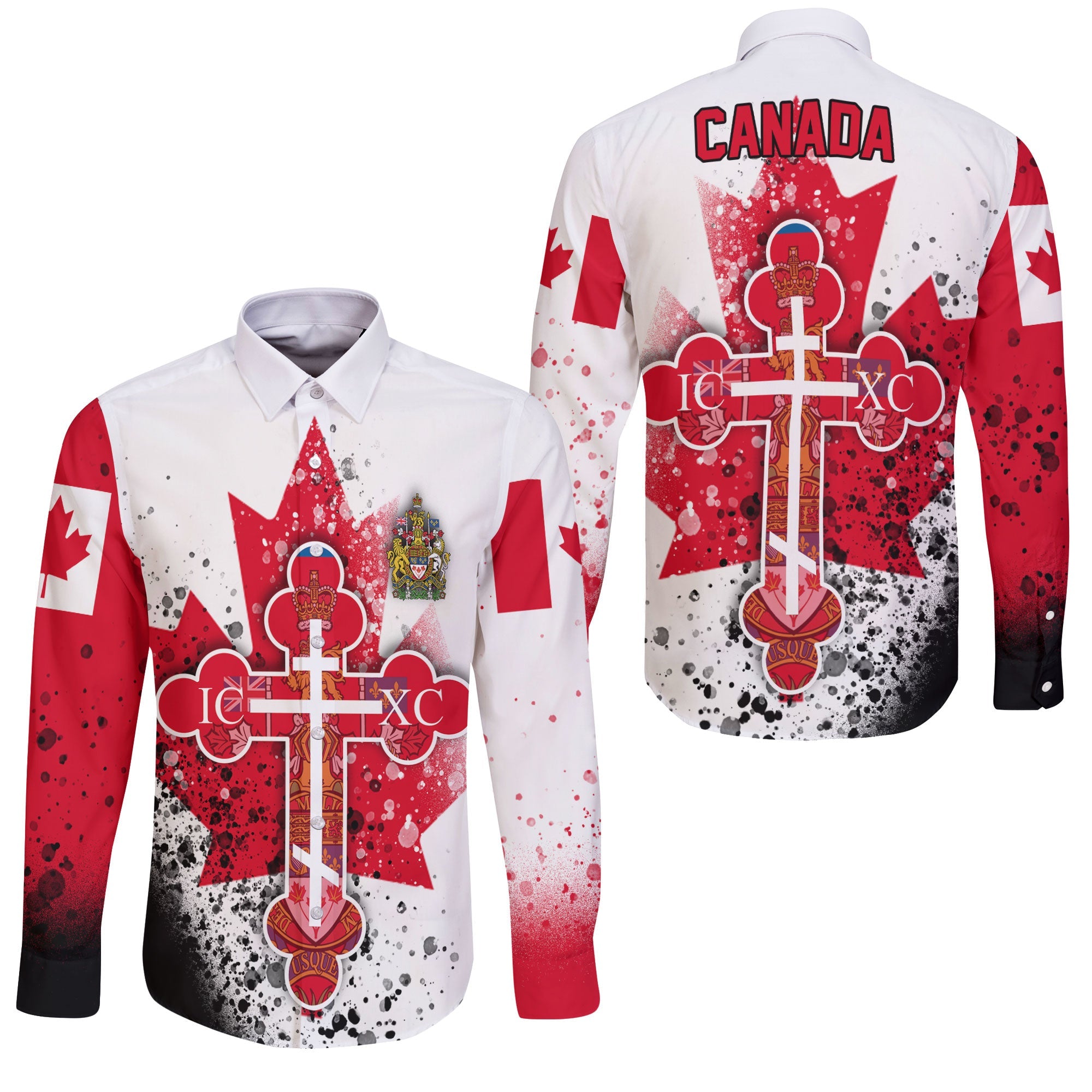 Canada Long Sleeve Button Shirt Flag & Coat Of Arms Orthodox Style