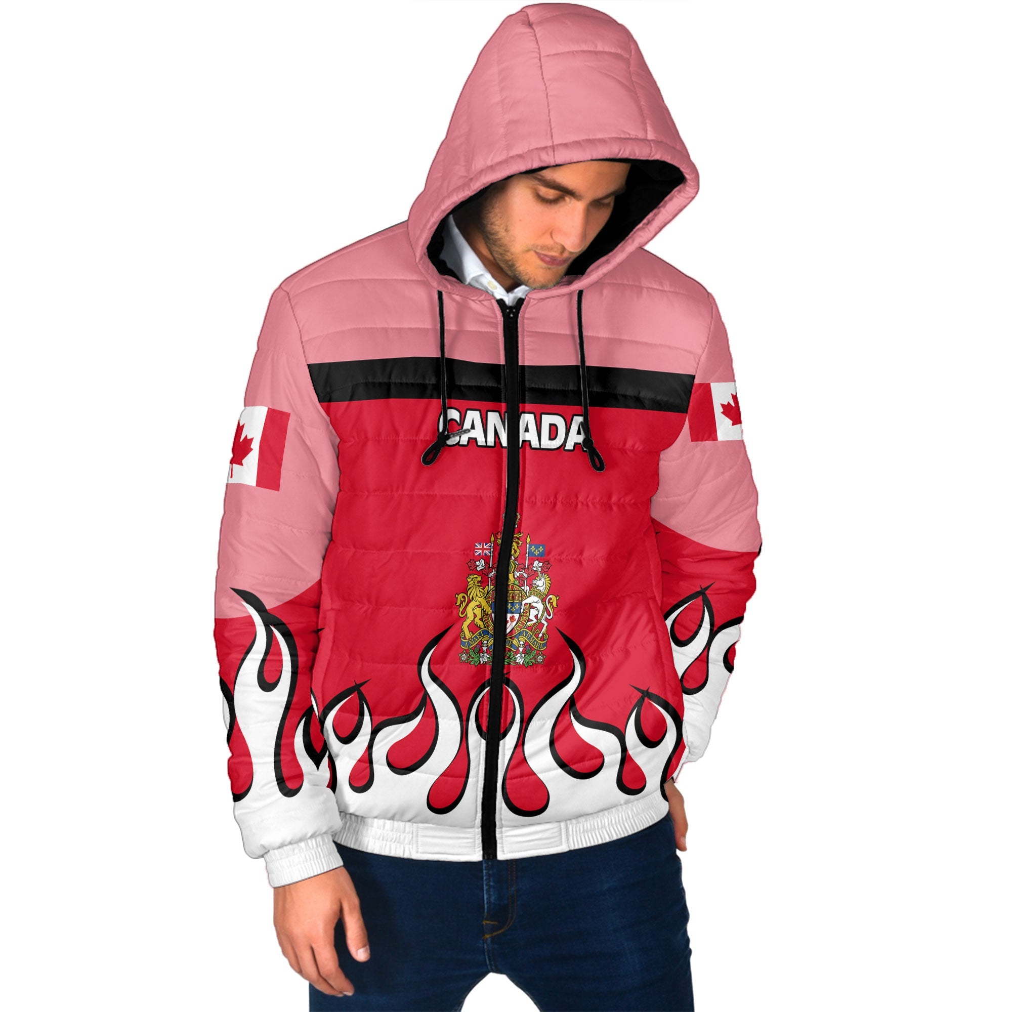 Canada Men Hooded Padded Jacket Flag & Coat Of Arms Fire Hockey Style