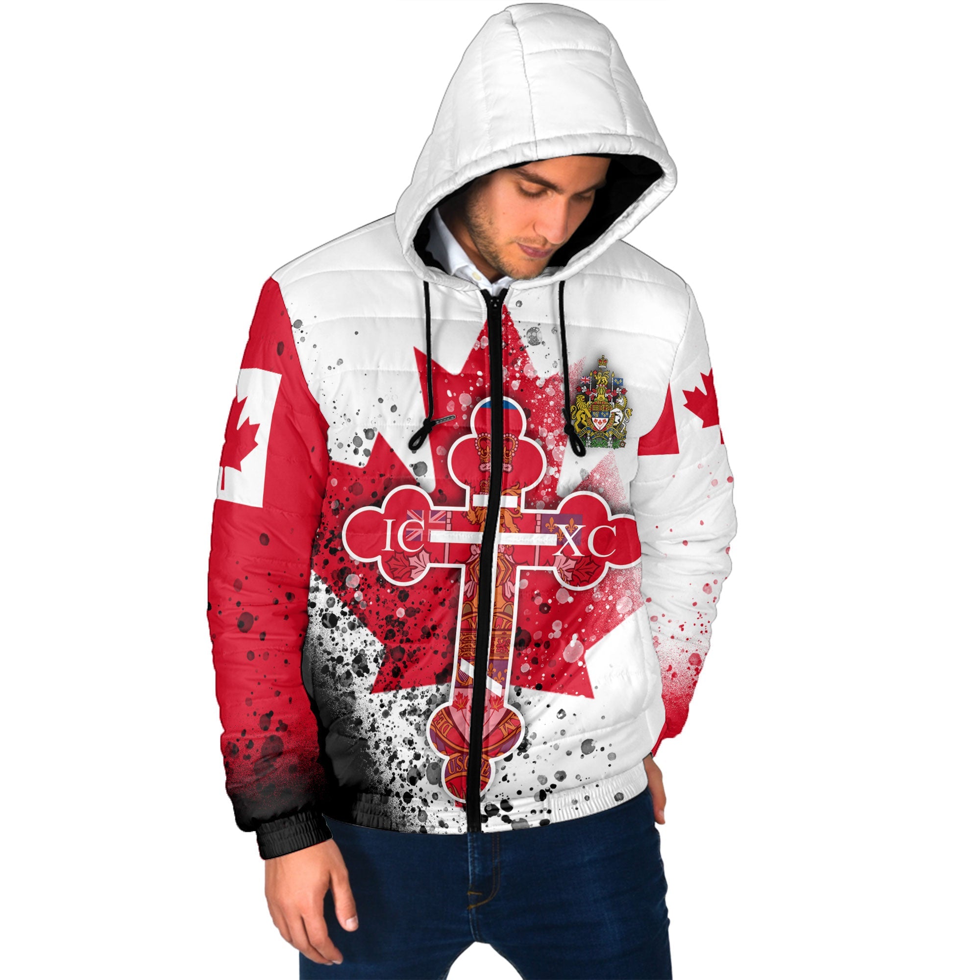 Canada Men Hooded Padded Jacket Flag & Coat Of Arms Orthodox Style