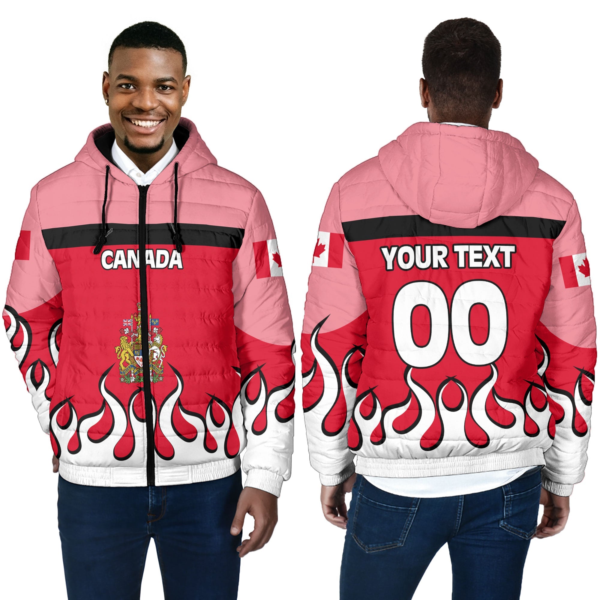 Canada Men Hooded Padded Jacket Flag & Coat Of Arms Fire Hockey Style