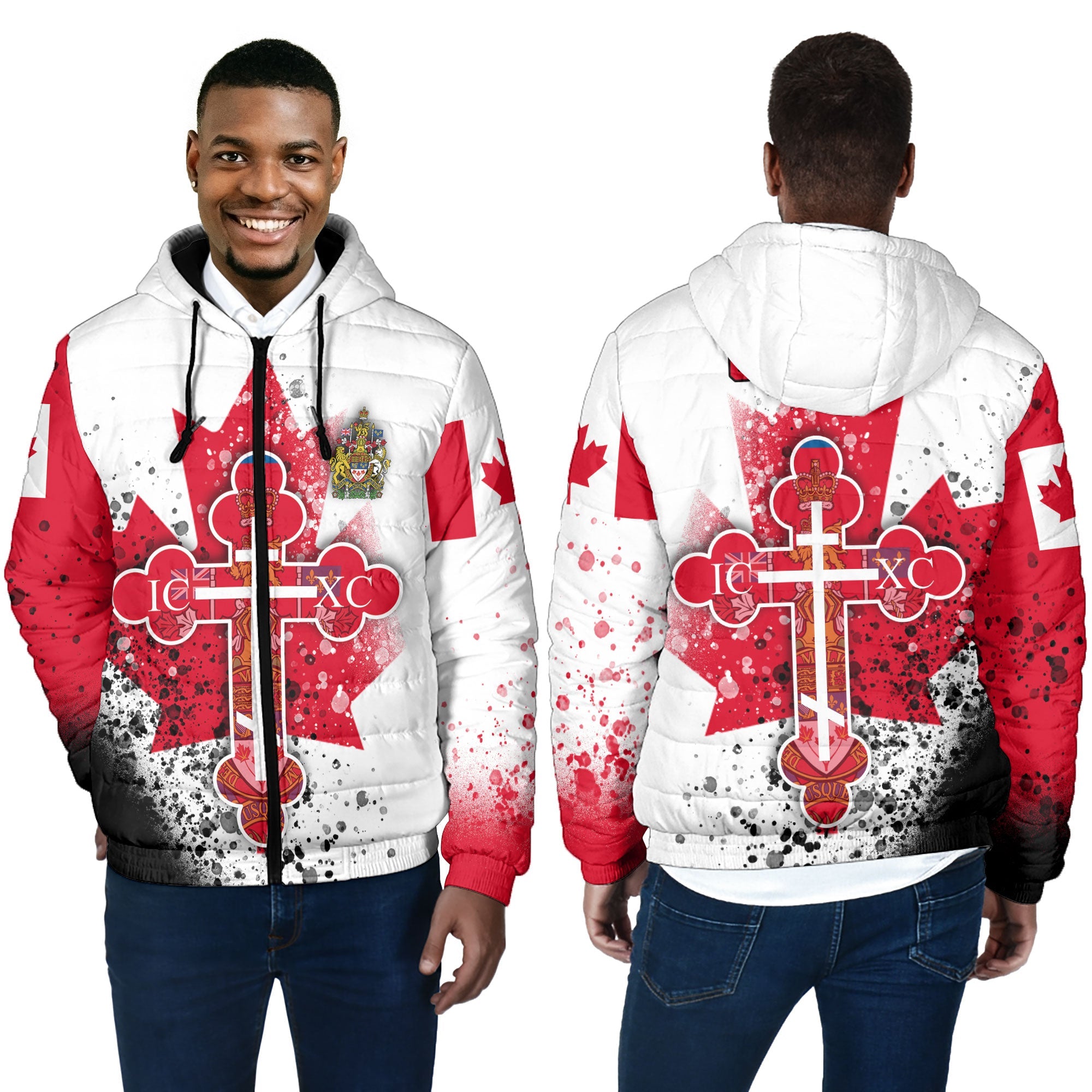 Canada Men Hooded Padded Jacket Flag & Coat Of Arms Orthodox Style