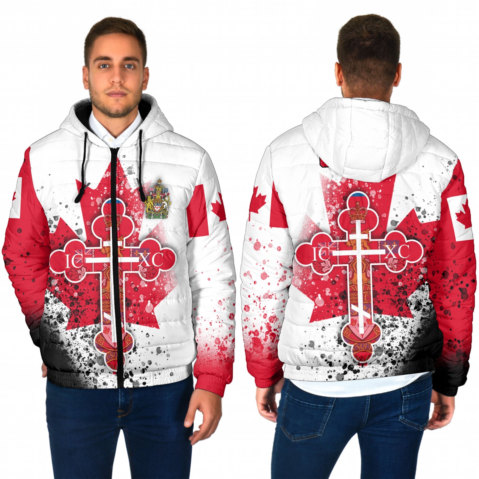 Canada Men Hooded Padded Jacket Flag & Coat Of Arms Orthodox Style